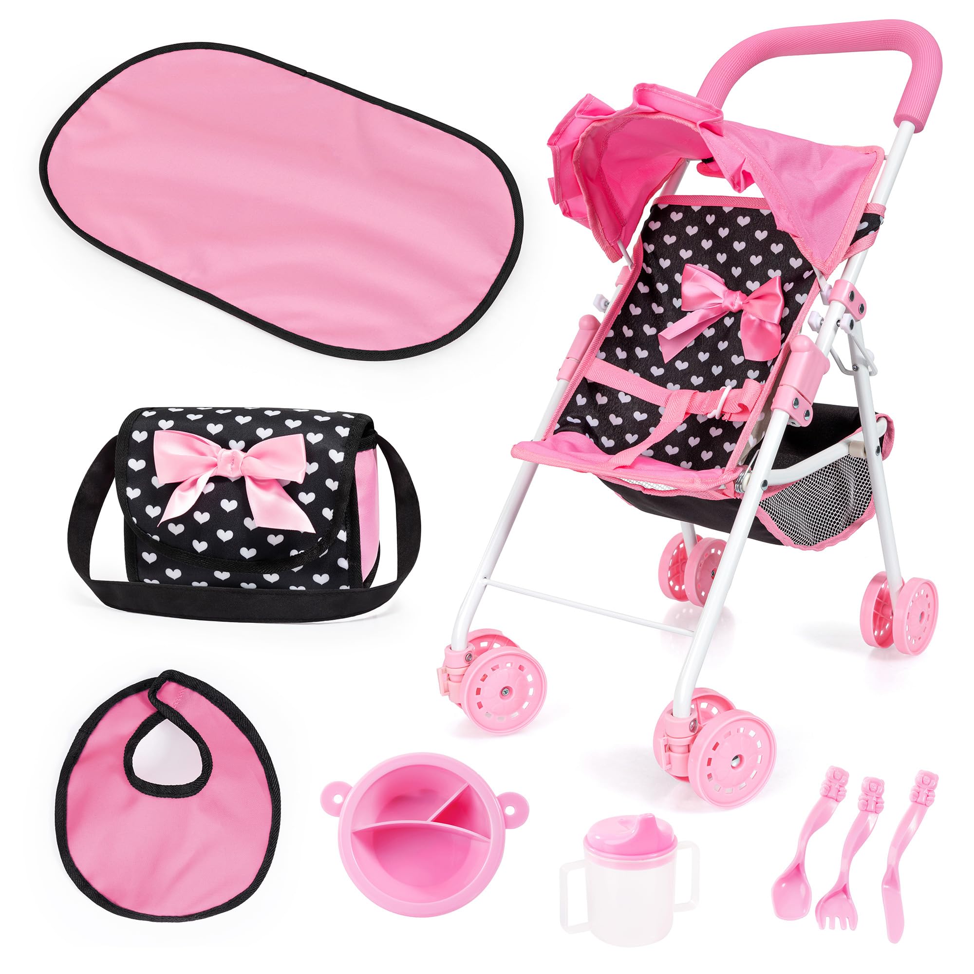 Bayer Design: Buggy: Doll Stroller Set - Black, Pink, Hearts - Stroller w/Matching Shoulder Bag, Changing Mat & Feeding Accessories, Ages 3+