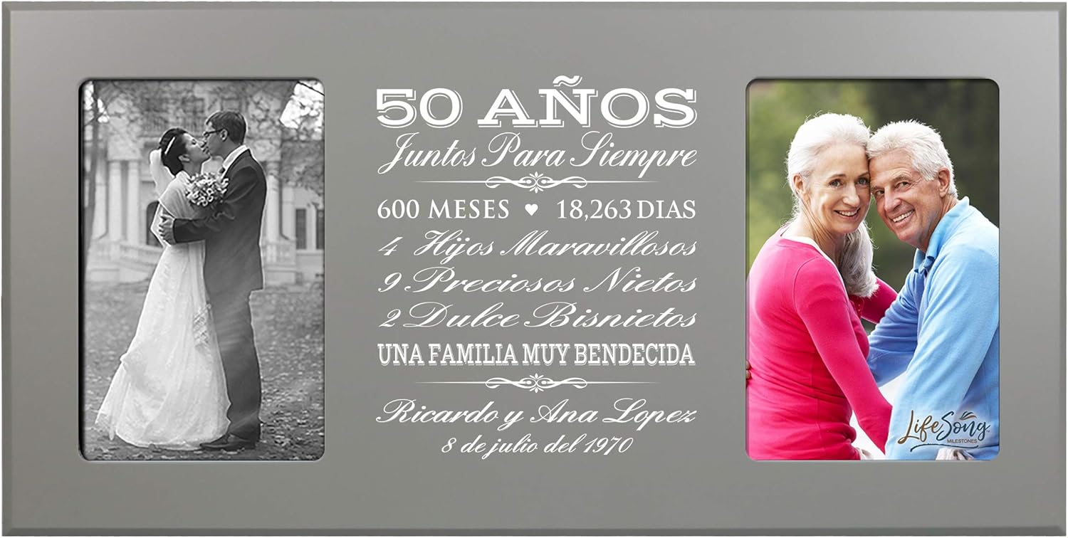 LifeSong Milestones Personalized 50th Anniversary Picture Frame Marriage Keepsake Gift with Spanish Verse - Fifty Years Wedding Gift for Parents Husband Wife Him Her Holds 2-4x6 Photo (Gray)
