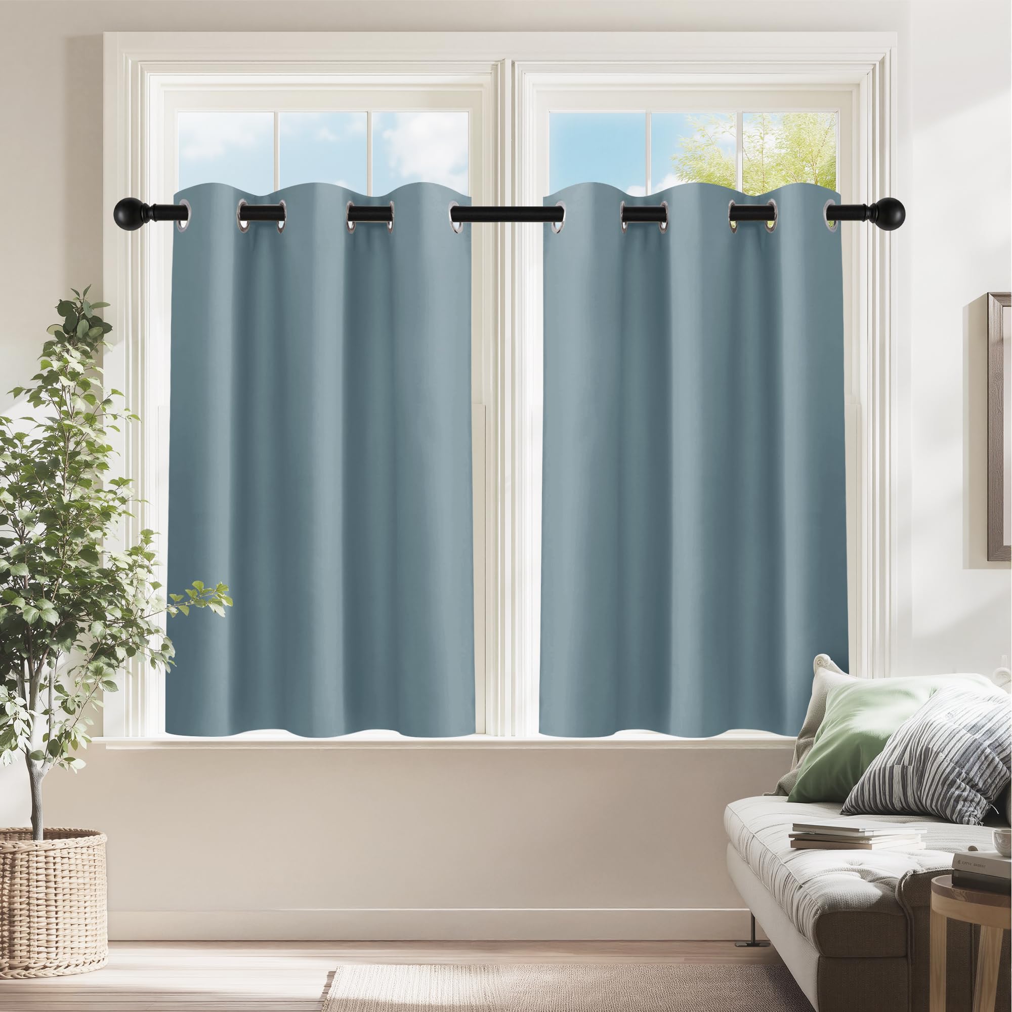 PONY DANCE Dusty Blue Short Blackout Curtains 36 inch Length for Kitchen,