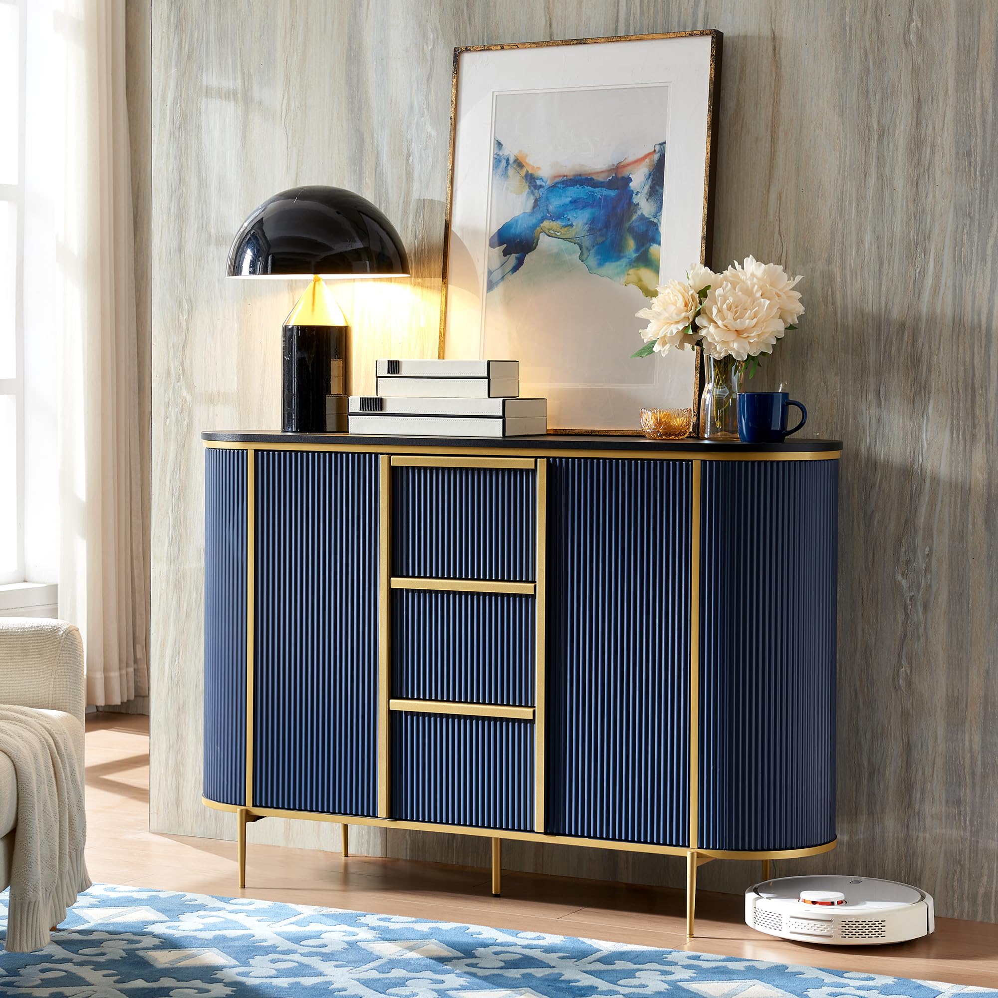 OKDModern 54" Fluted Sideboard Buffet Cabinet, Buffet Table Coffee Bar Wine Bar Storage Console Cabinet for Dining Room,Hallway, Navy Blue