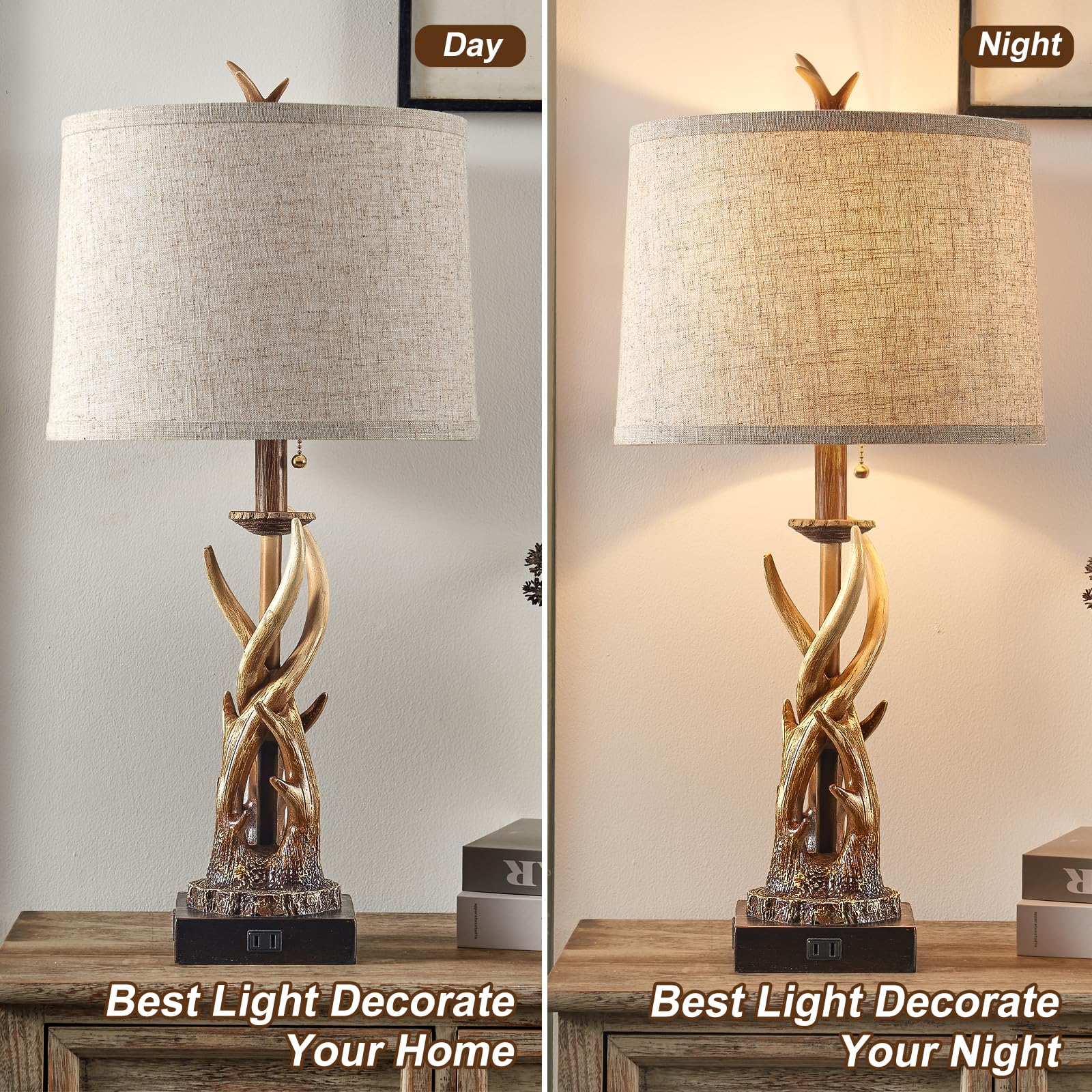 Set di 2 lampade da tavolo rustiche con corna di cervo, per camera da letto, casale, comodino, con porte USB A+C, per soggiorno, tavolo da caccia a tema, lampada da cabina con catena a tirante