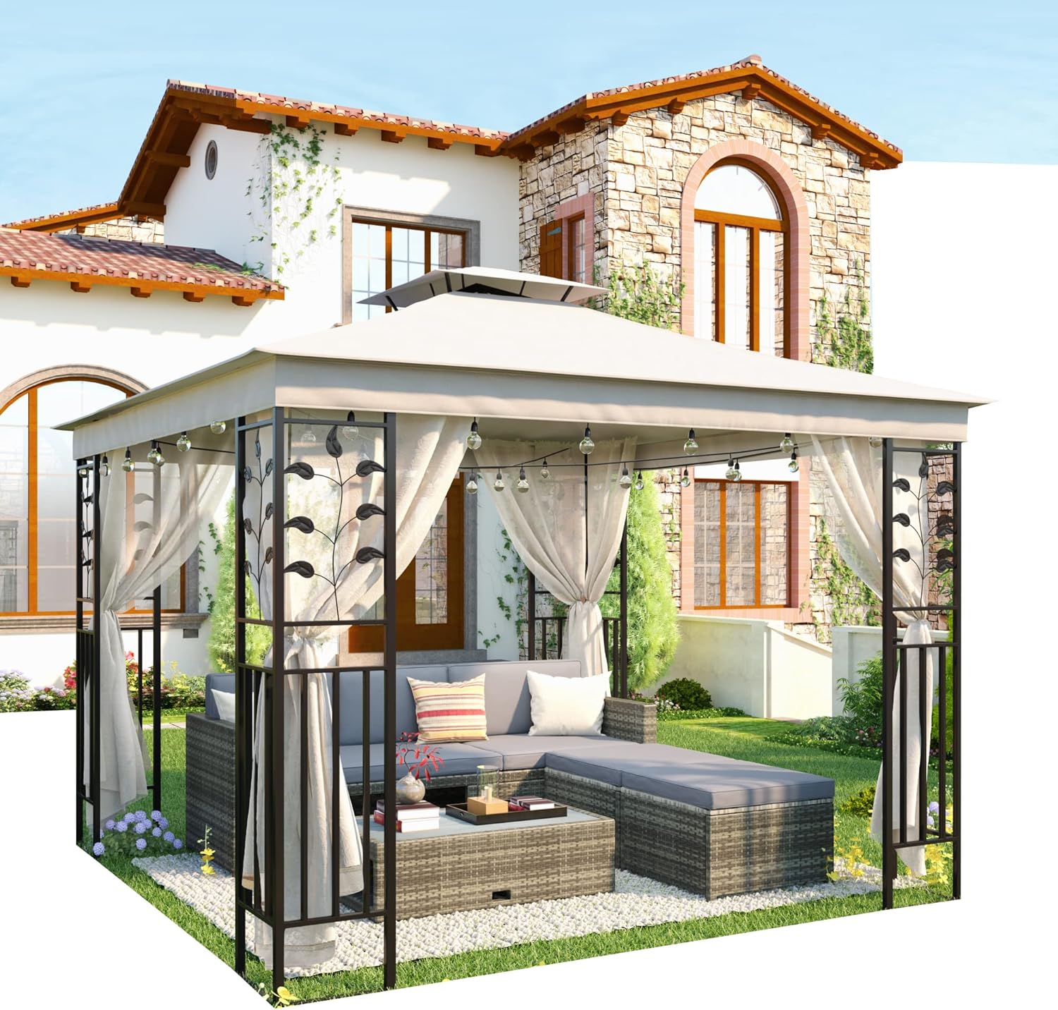 Gazebos for Patios 10x10,Outdoor Tents for Parties,2-Tier Roofs Vented,with Netting & 4 Leaf-Shape Panels,Water Resistant,Upf50+,Fire-Retardant,Rust-Resistant,for Poolside and Deck (Beige)