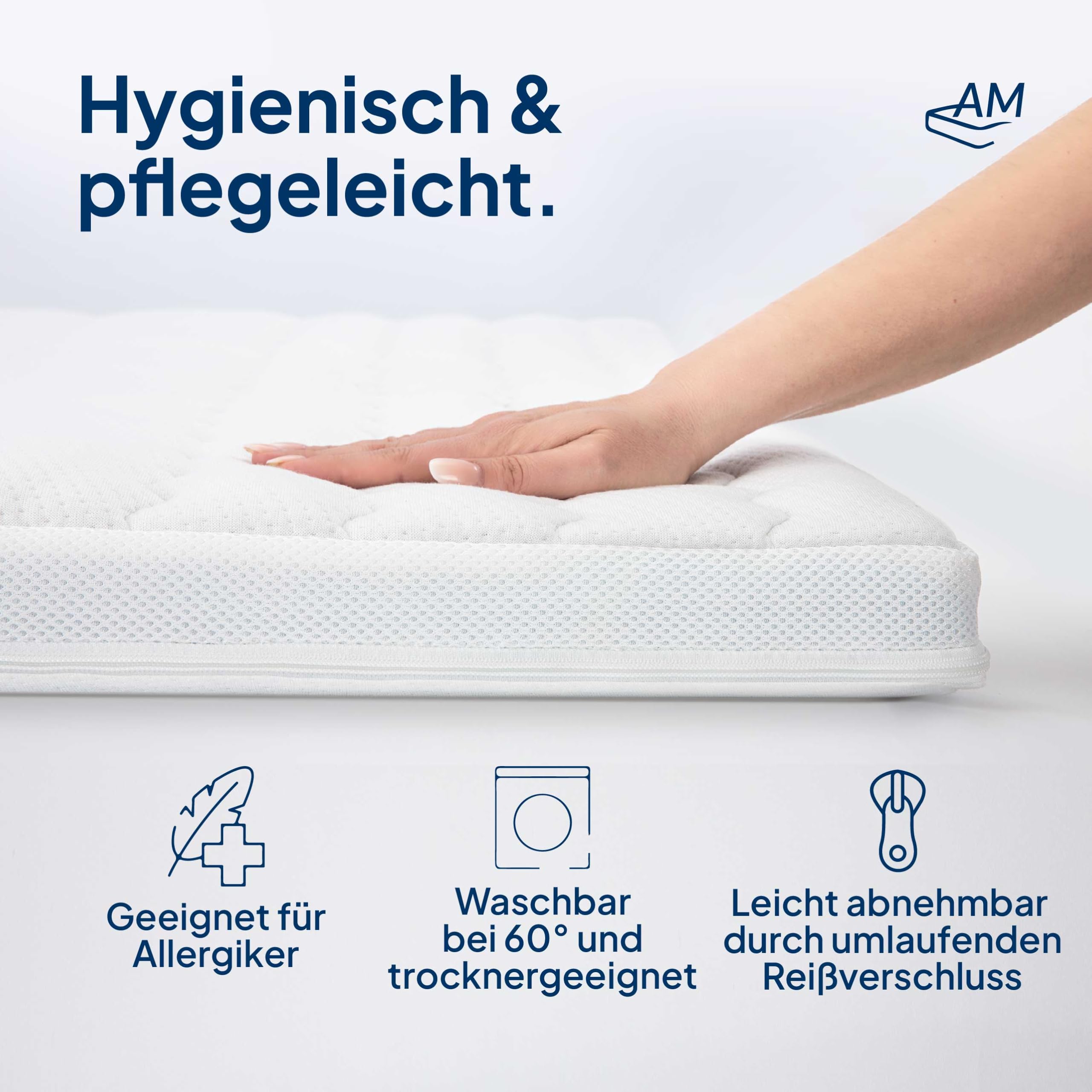 AM Qualitätsmatratzen Lyocell Topper Bezug 160x200 4-6 cm Kernhöhe - Made in Germany & Oeko-TEX Siegel - Allergiker Topperbezug 160x200cm mit Anti-Rustch Unterseite & 4-seitigem Reißverschluss