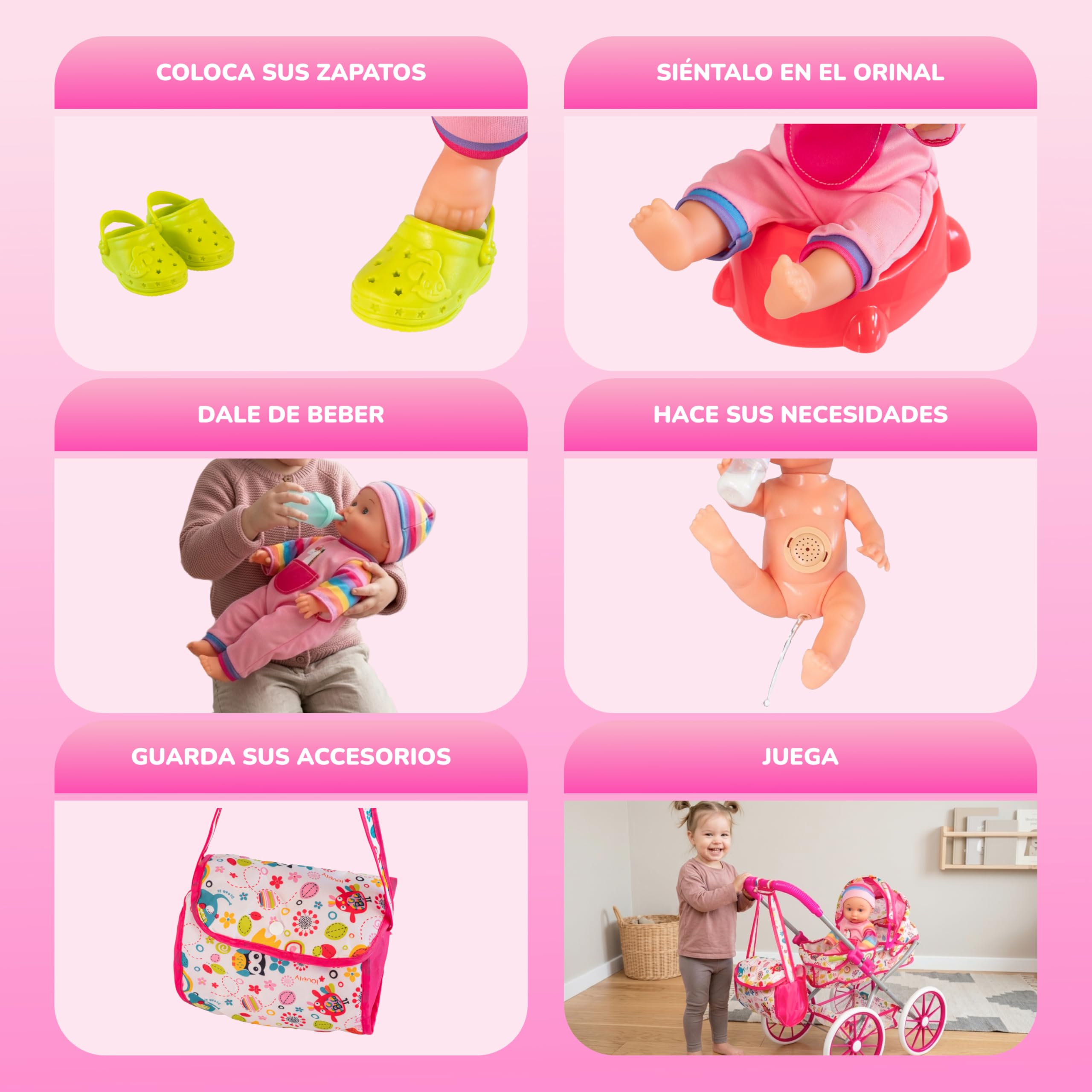 Carrito de Muñecas con Muñeco Bebé y Accesorios 20 Piezas – Cochecito de Juguete Plegable con Capota, Bolsa y Ruedas EVA – Set Completo Muñeca con Orinal, Biberón y Complementos – +3 Años