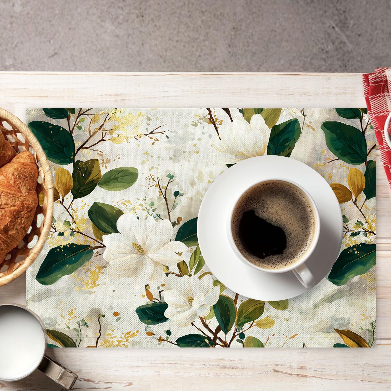 Tovaglietta Americana Acquerello in Cotone Lino Rettangolare - Tovagliette Set di 8 Magnolia Bianca Resistente al Calore per La Cucina, Il L'Ufficio, 30 x 45cm