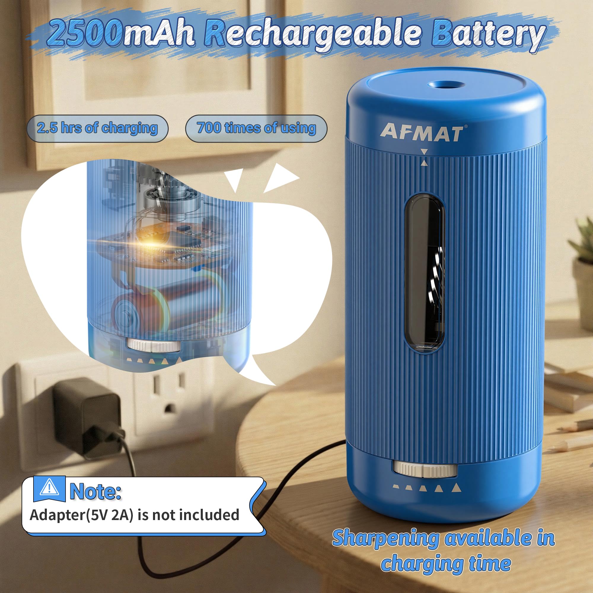 AFMAT Vollautomatischer elektrischer Bleistiftspitzer, automatisches Ein- und Ausschalten, wiederaufladbar, vollautomatischer Bleistiftspitzer für Jumbo- und Buntstifte (6,5–12 mm), tragbar für