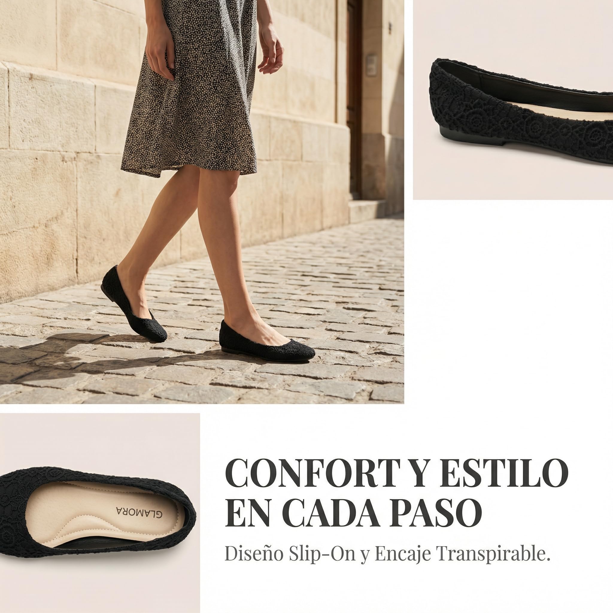 GLAMORA Bailarinas Encaje Mujer Manoletinas Zapatos Planos Punta Fina Calzado Ligero Cómodo Primavera Verano Floral Slip On Suela Flexible Transpirable
