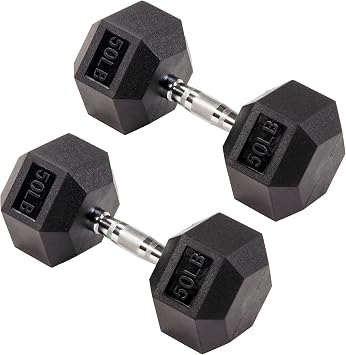 Signature Fitness Rubber Coated Hex Dumbbells Hand Weights for Exercises and Fitness Home Gym, 5-50 lbs, Pairs