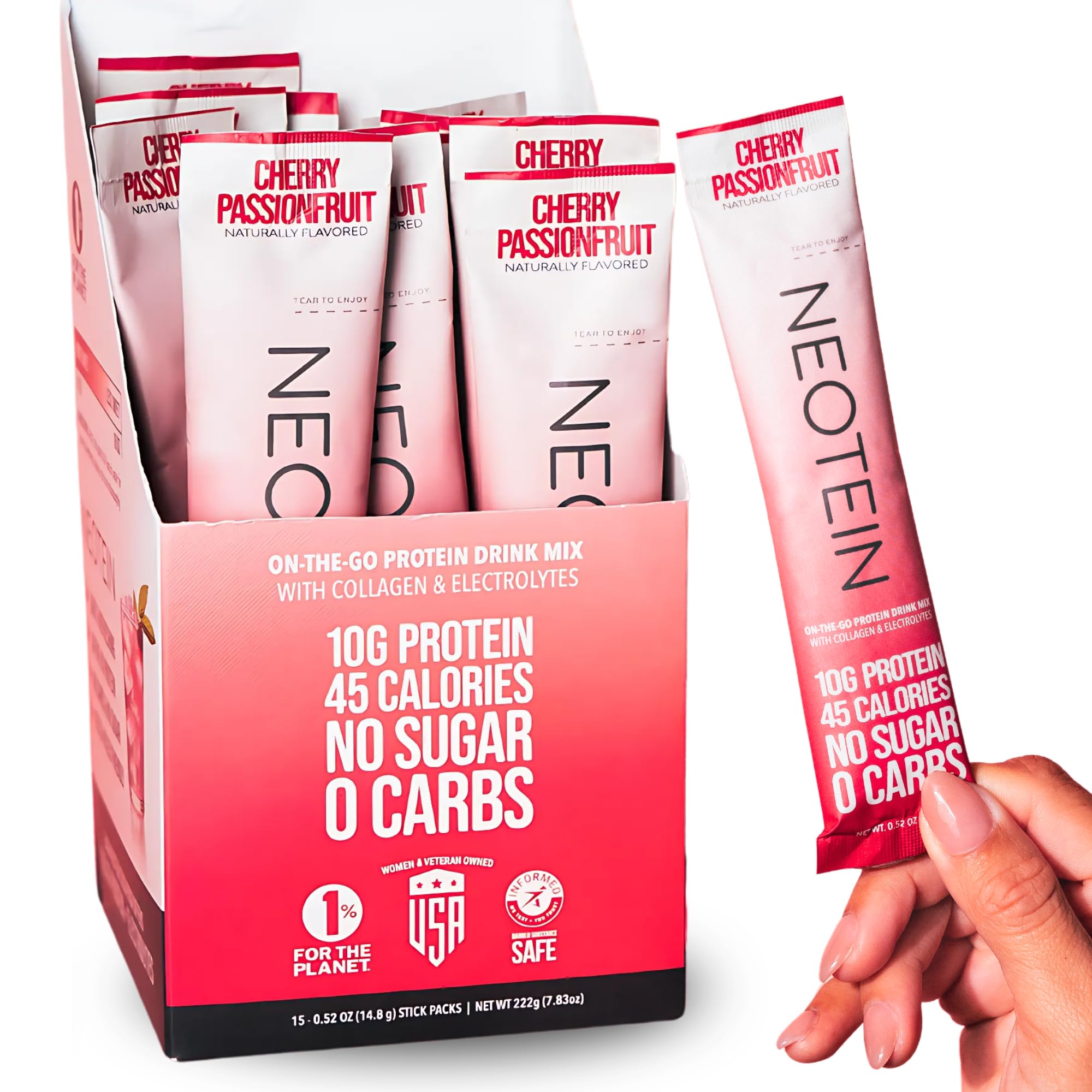 NEOTEIN: Electrolyte Powder Packets, Protein Powder with 10g Protein & Collagen | Hydration Packets - Zero Sugar, NO Fillers, NO Carbs | Cherry Passionfruit | 45 Calories | Keto & Paleo | Pack of 15