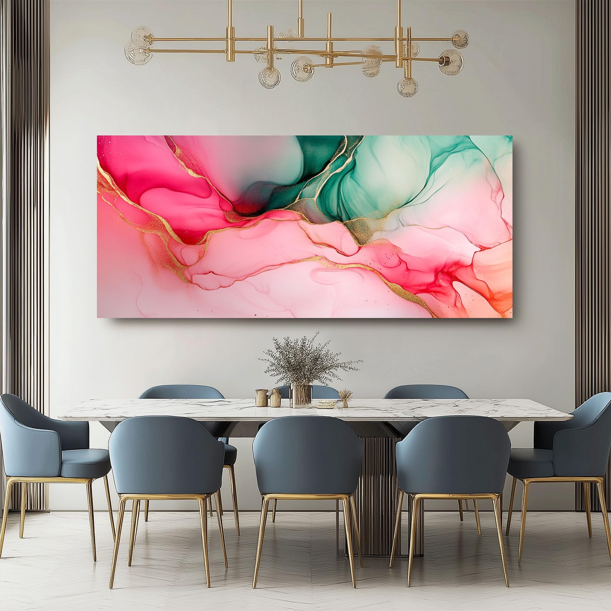 Leinwandbild 50x100 cm Abstrakt Tuschmalerei Wandbilder Modern Farbblock | Fertig Gerahmt auf Holzrahmen Kunstdruck Zeitgenössisch Flüssig Wohnzimmer Schlafzimmer Büro Dekoration
