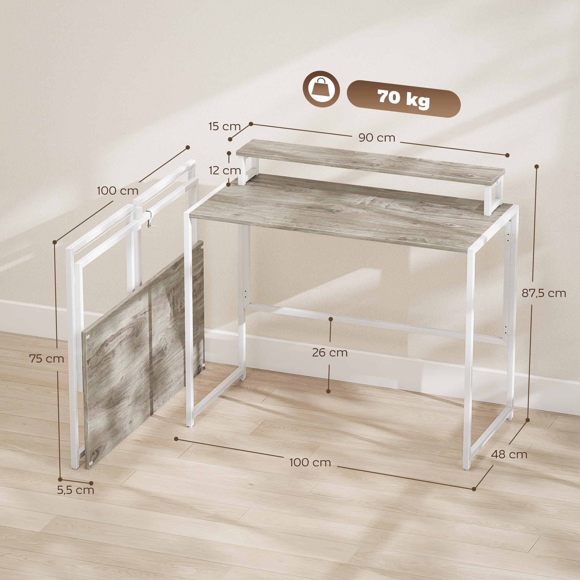 HOMCOM Bureau d'ordinateur Pliable, Bureau avec Support pour écran, Cadre en Acier, pour Chambre, Salle d'étude, Petits espaces, 100 x 48 x 87,5 cm, Bois Naturel