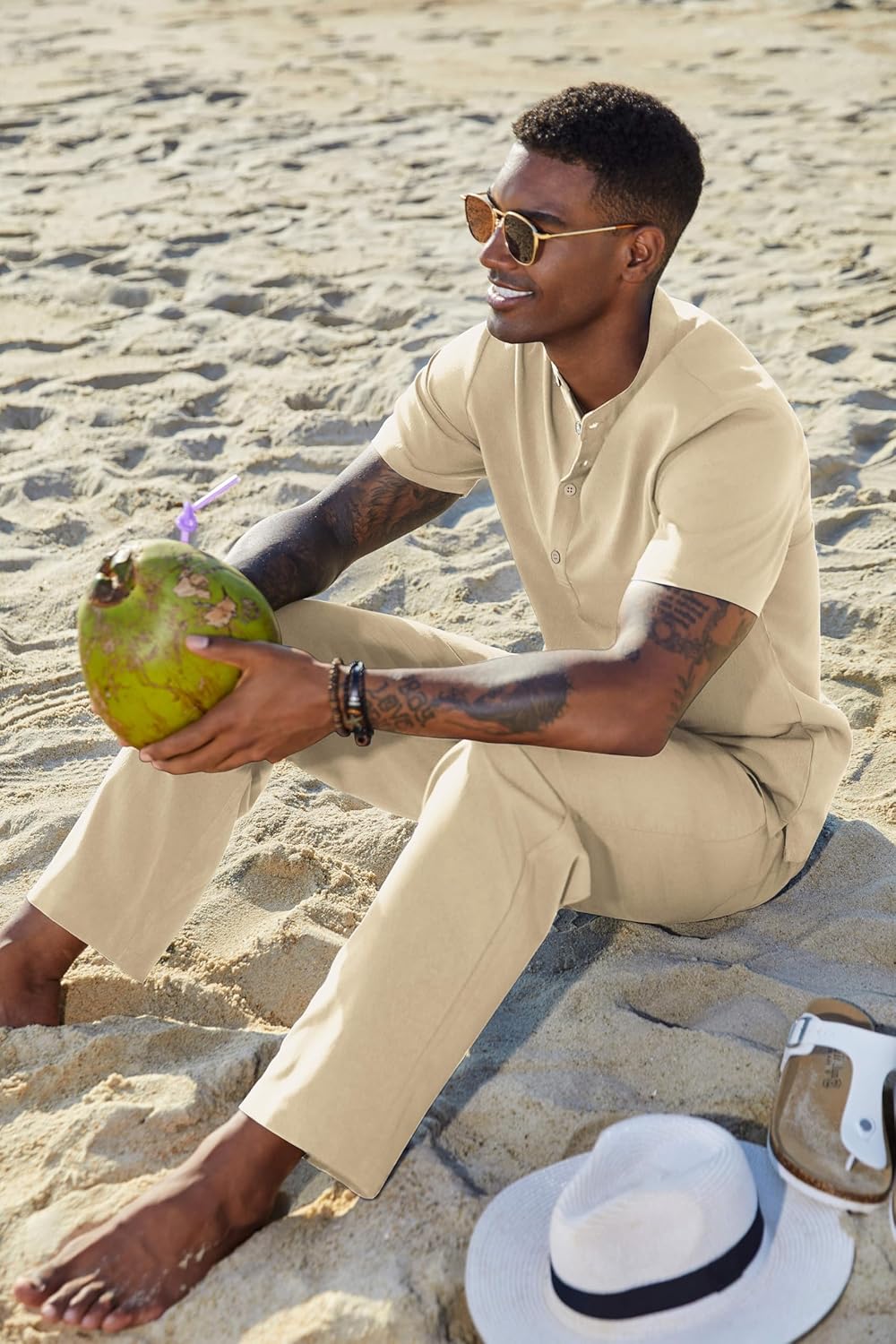 COOFANDY Men's 2 Pieces Set Short Sleeve Casual Henley Shirts Beach Yoga Pants Summer Beach Outfit - Image 4