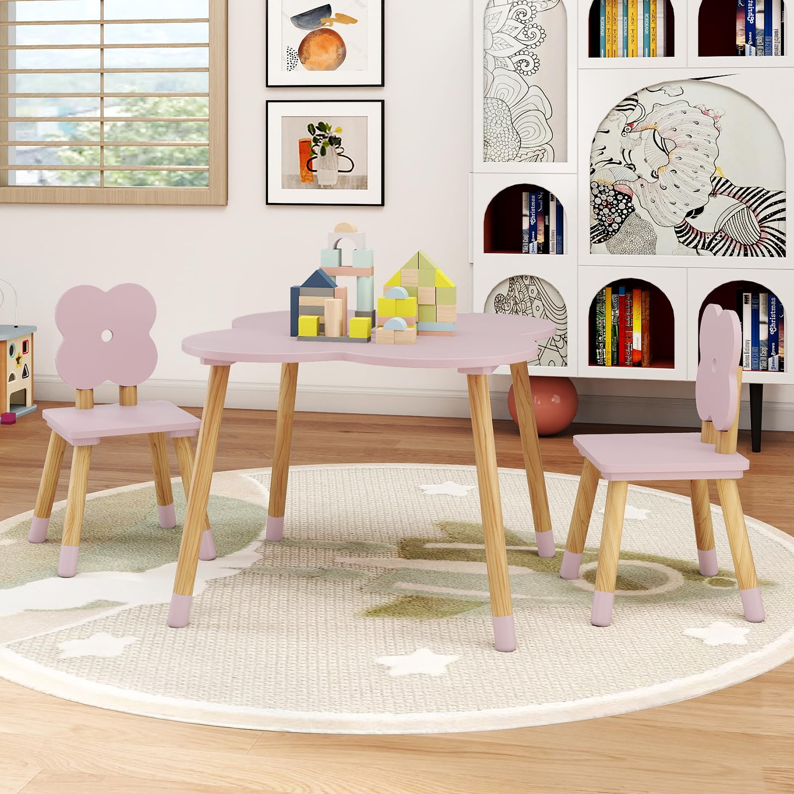 COSTWAY Set Tavolo per Bambini a Forma di Fiore, Tavolino e Sedia in Legno con 2 Sedie e Gambe in Legno di Pino Solido, Tavolino Bambini 3+ Anni per Disegno, Arte e Studio (Rosa)