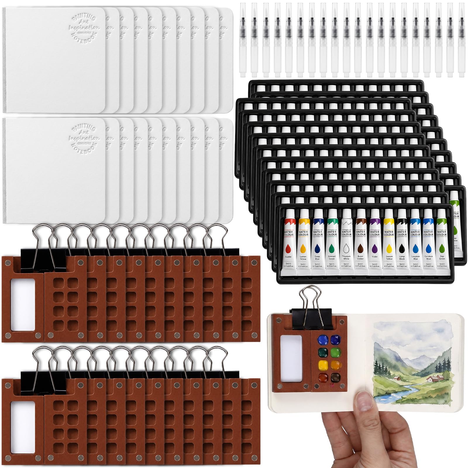 Watersay Juego de 20 mini pinturas de acuarela, kit de viaje de paleta de pintura de bolsillo, kit de viaje de acuarela con caja de paleta de rejilla de madera, cuaderno de bocetos, bolígrafos, clips