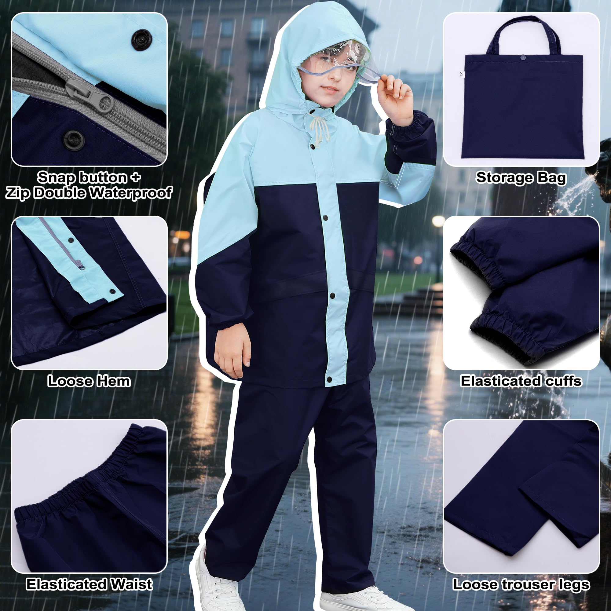 Enfants Imperméable à Capuche, Unisexe Fille Garçon Léger Manteau Veste de Pluie et Pantalon Combinaison avec Bandes Réfléchissante, Vêtements de Pluie pour Sport Randonnée Voyage 8-14 Ans