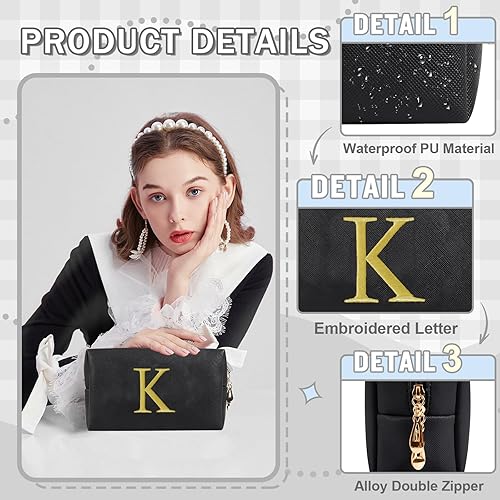 Miniatura 3 de Bolsa de maquillaje con inicial de regalo personalizado, con letras bordadas doradas, bolsa de cosméticos para niñas adolescentes, pequeña bolsa de