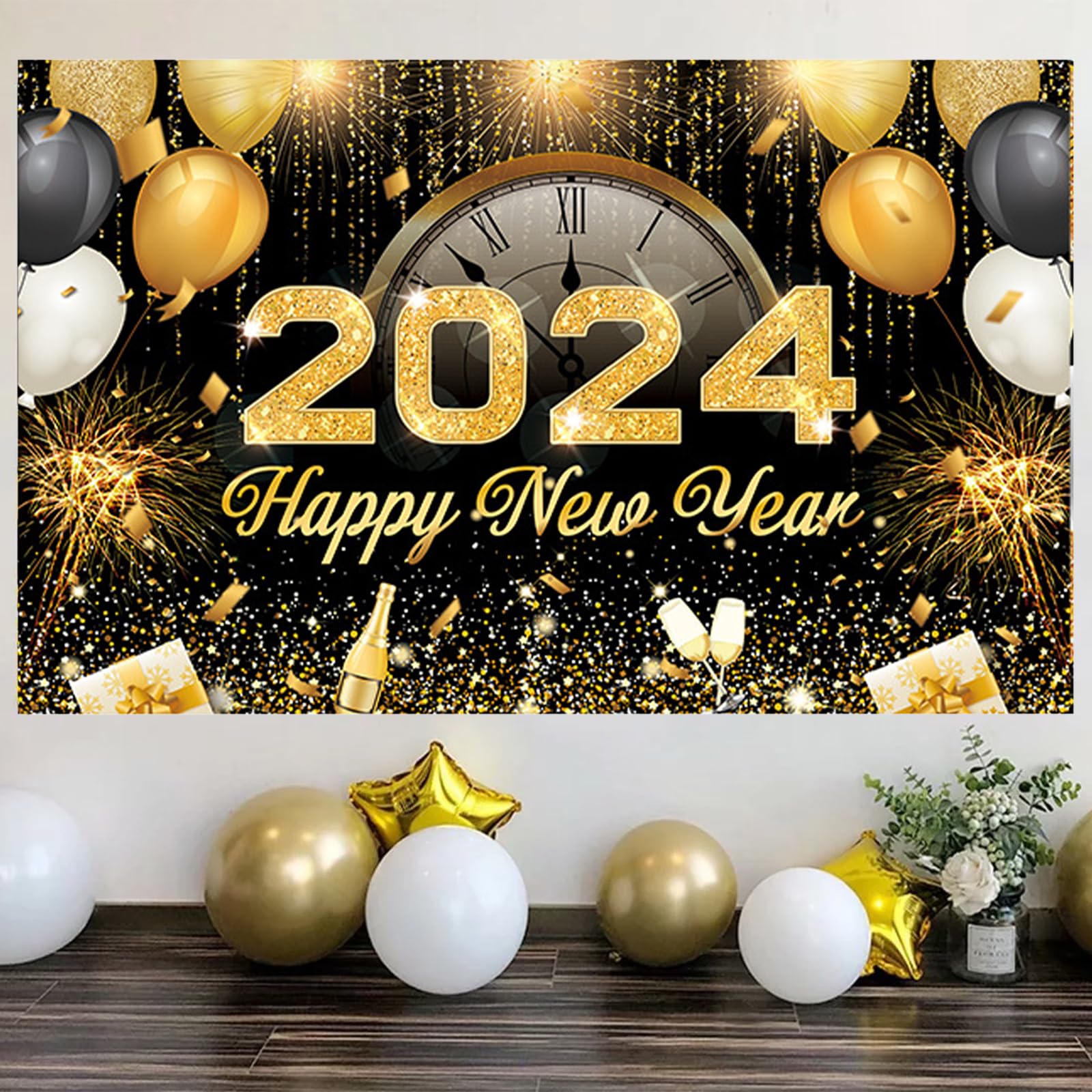 Bannière Bonne Année 180x110 Cm - Toile De Fond Dorée Avec étoiles - Pour Photomaton, Décoration Murale - Avec Ficelle Et œillets