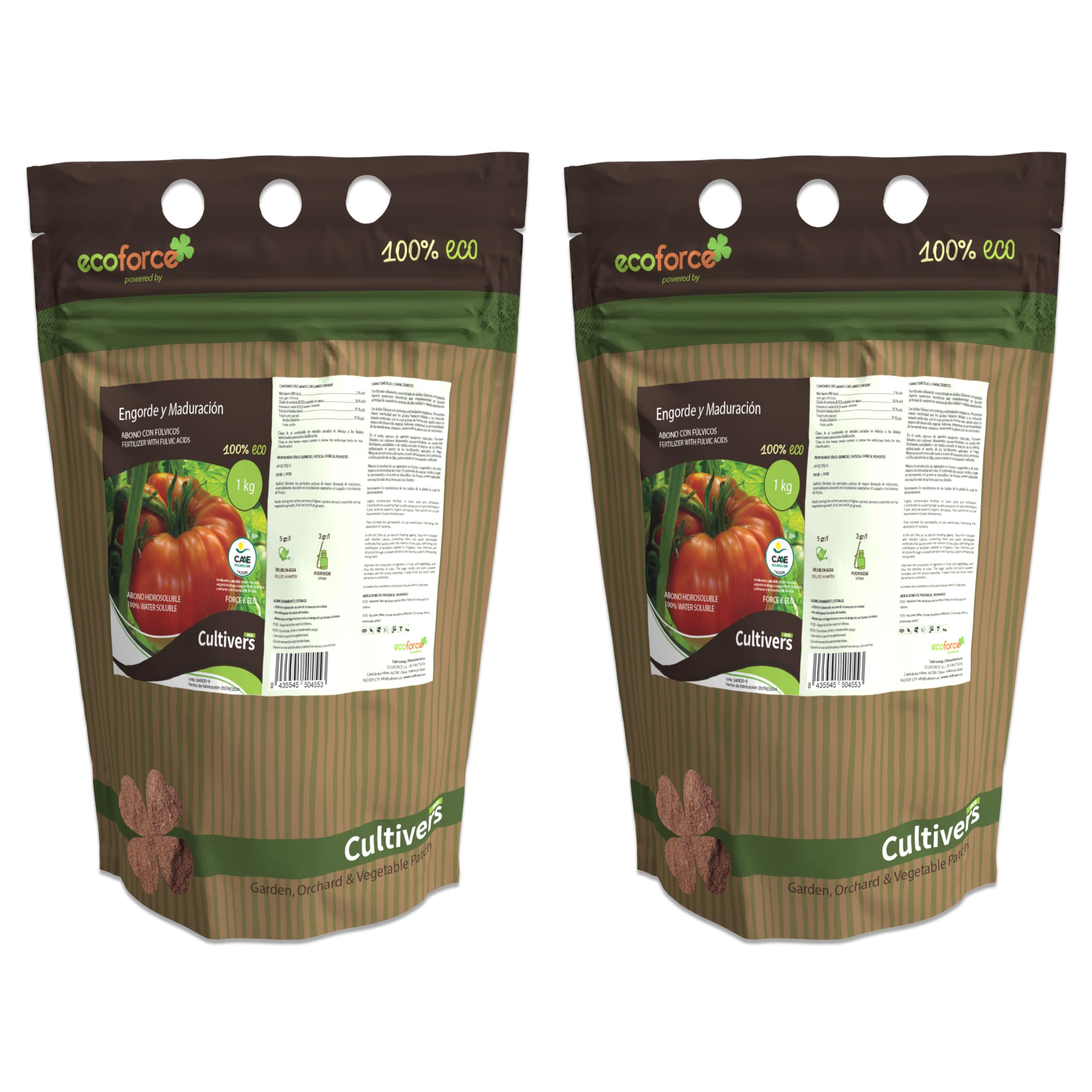 CULTIVERS Abono Engorde y Maduración Ecológico 2x1 kg. Fertilizante Potasio Quelatado con pH Neutro para el Aumento de los Frutos. Force K