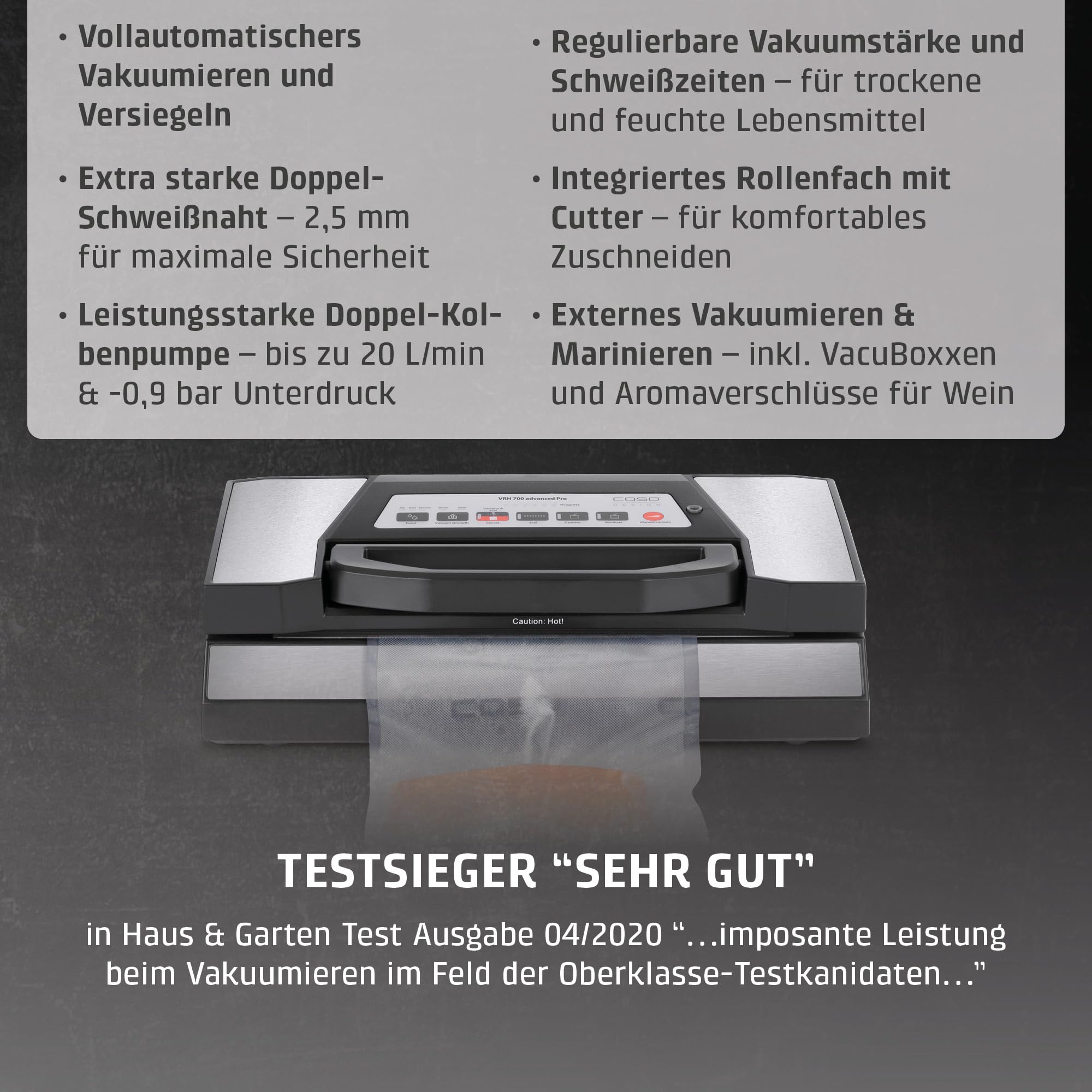 CASO VRH 700 advanced Pro Vakuumierer Testsieger, 150 Vakuumiervorgänge nonstop, doppelte Schweißnaht, 20 Liter/Min, Cutter, inkl. 2 Profi- Folien, inkl. 2 VacuBoxxen, inkl. 2 Aromaverschlüssen