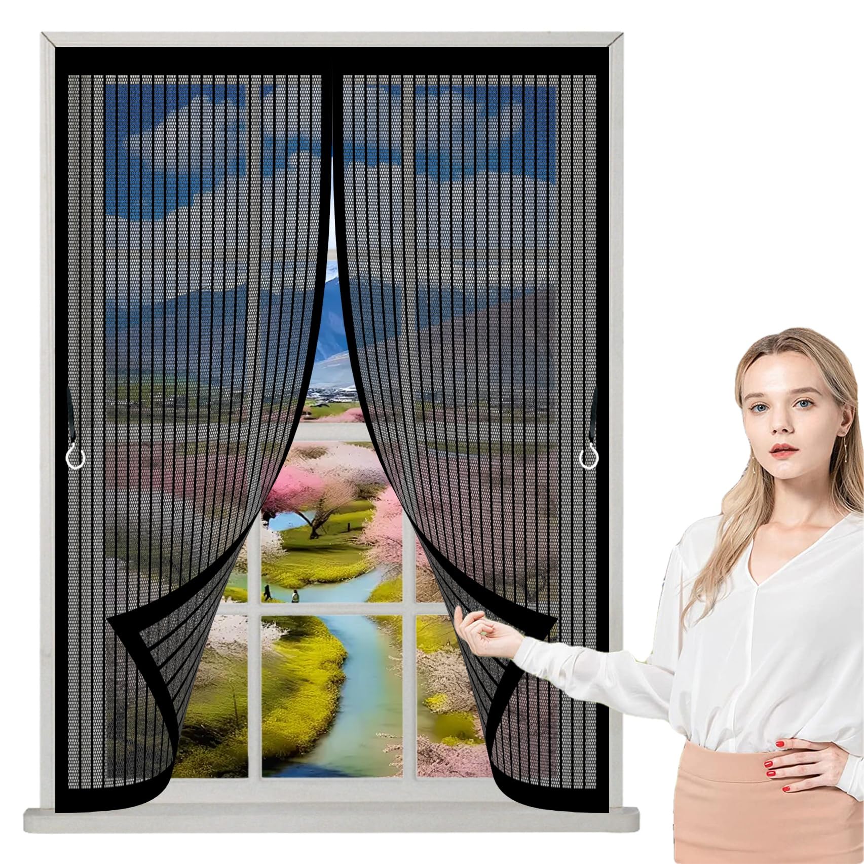 Zasłona Siatkowa 115 x 114 cm Silne Magnesy, Montaż Bez Wiercenia, Zamyka Się Automatycznie, Chroni Przed Muchami I Owadami Siatki Na Tarasy Do Wszystkich Typów Okien, Czarny