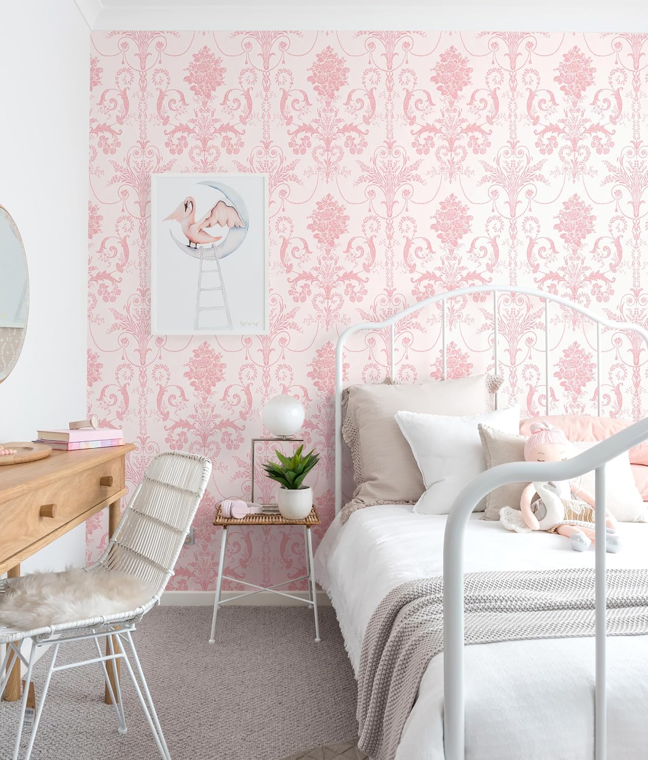 Erfoni 16.9" X 197" Damask Floral Peel and Stick Wallpaper Pink Flower Contact Paper DIY Pink and White Damascus Wallpaper Boho Removable Self Adhesive Wall Paper Decorative for Bedroom Cabinets Vinyl
