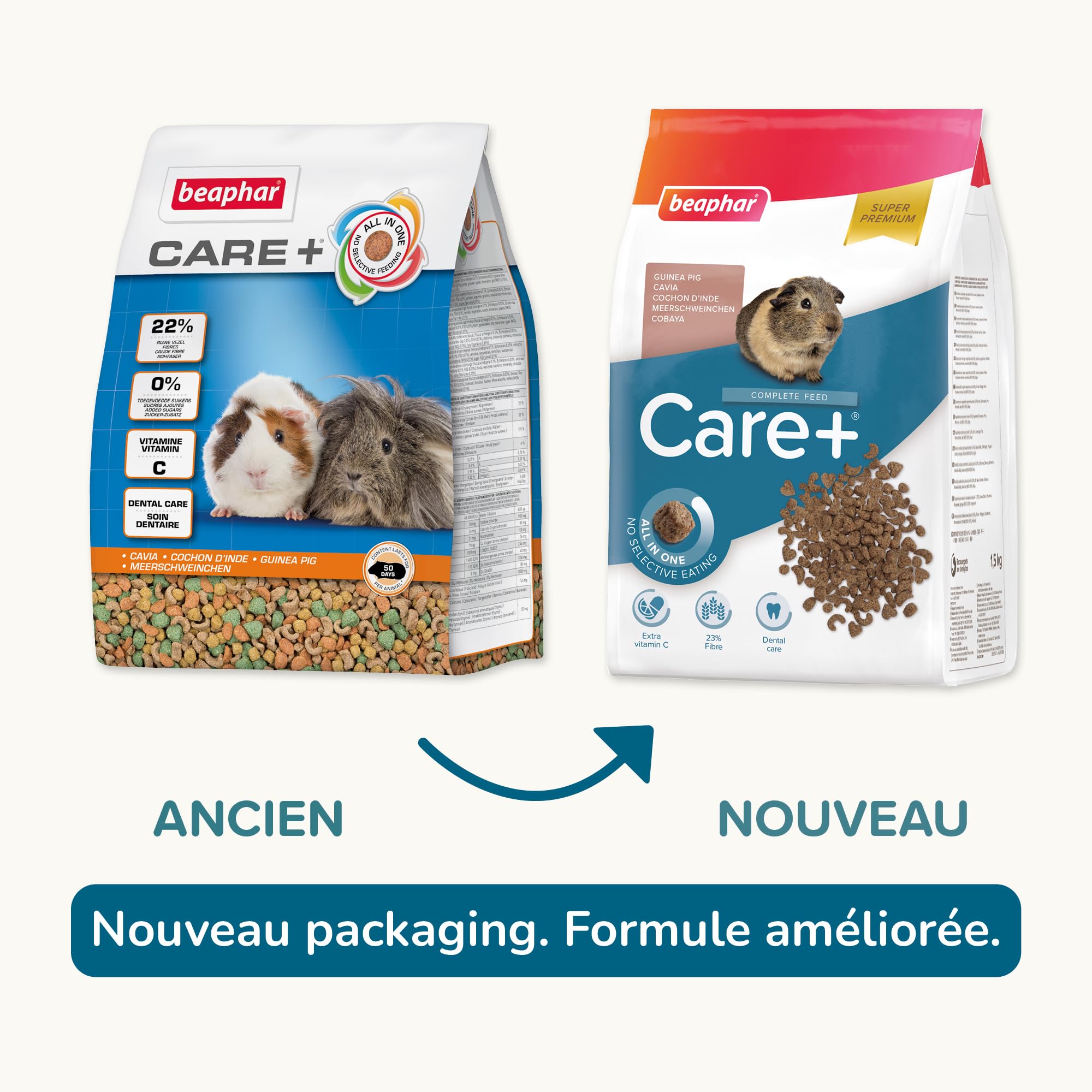 BEAPHAR – Care+ – Alimentation Super Premium extrudée pour Cochon d'Inde – Contient de la Vitamine C et 21% de Fibres – sans sucres ajoutés – 1.5kg,Lot de 1