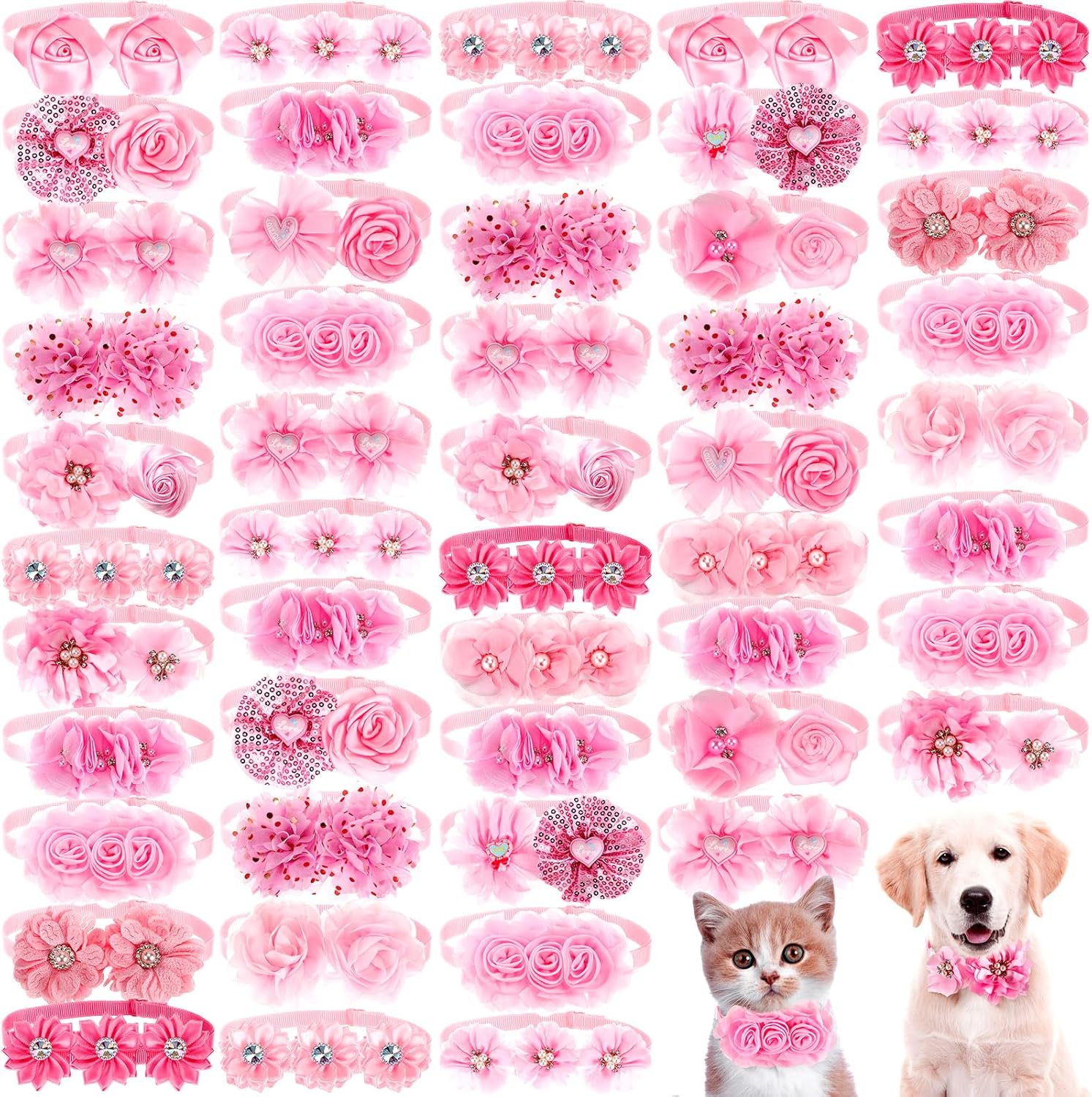 50 Pcs Flower Dog Bows Pink Collar Puppy Bows Pet Accessories for Small Medium Dogs Cat Puppy Bowties Pet Flowers Supplies Wedding Party(Pink)