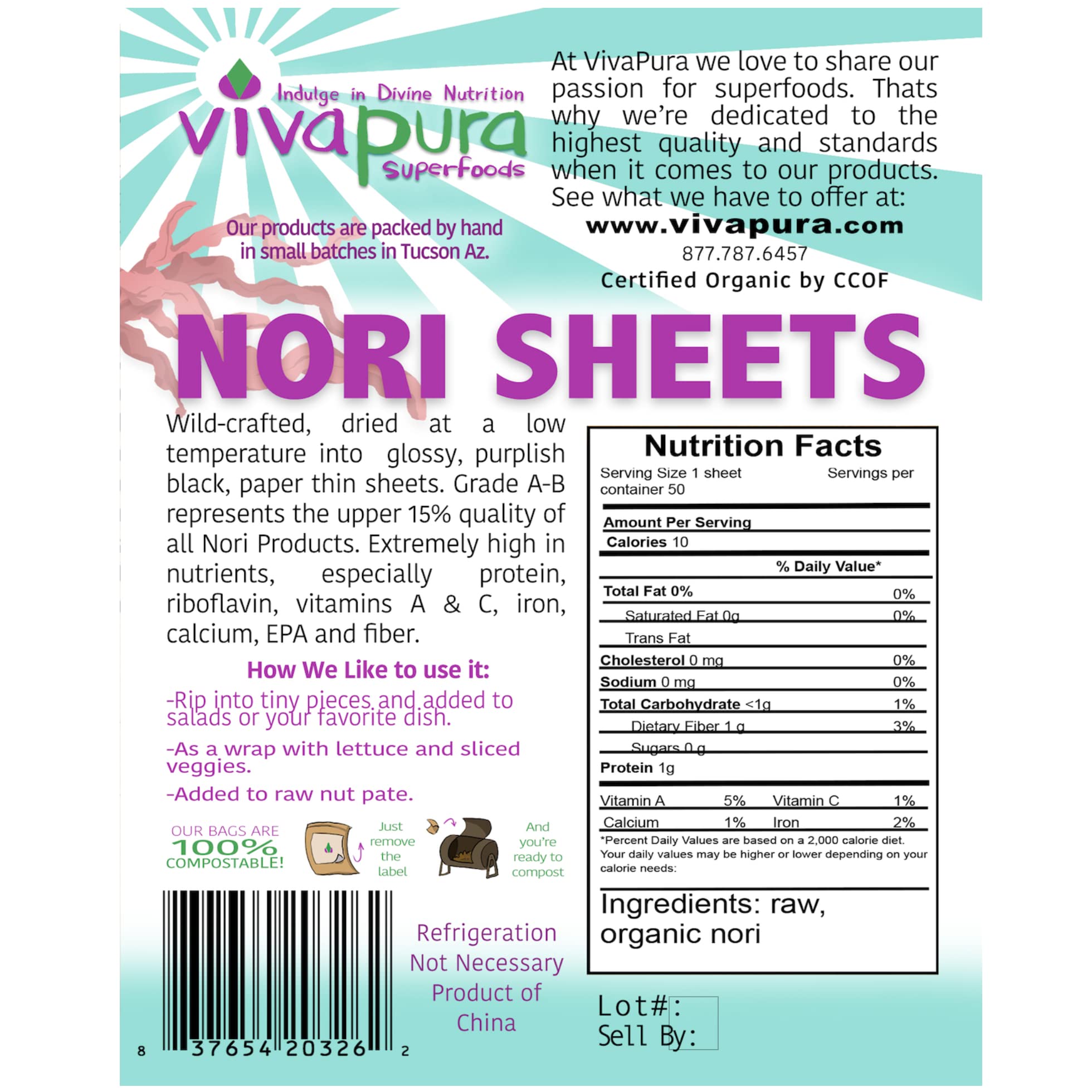 Vivapura Superfoods Nori Sheets, 50 Sheets, Organic, Raw, Sun