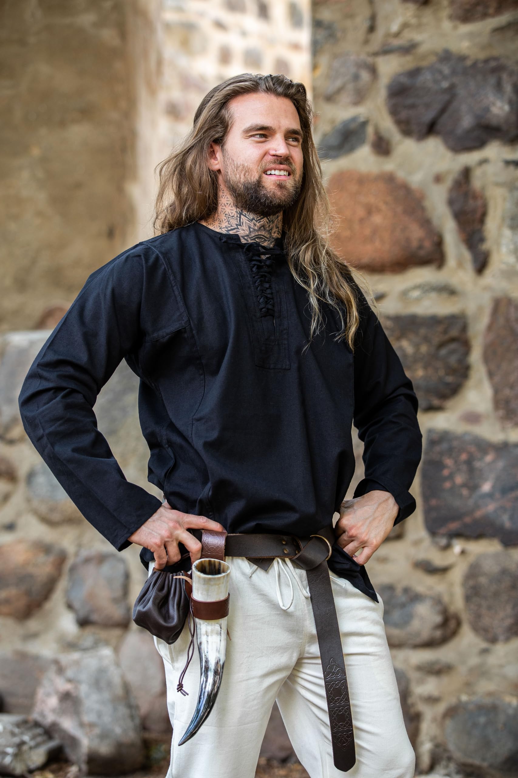 Leonardo Carbone® Miękka koszula Felix - średniowieczna odzież, średniowieczna koszula męska, odzież LARP, strój festiwalowy, kostium męski, kostium na karnawał, koszule rekreacyjne z długim rękawem -