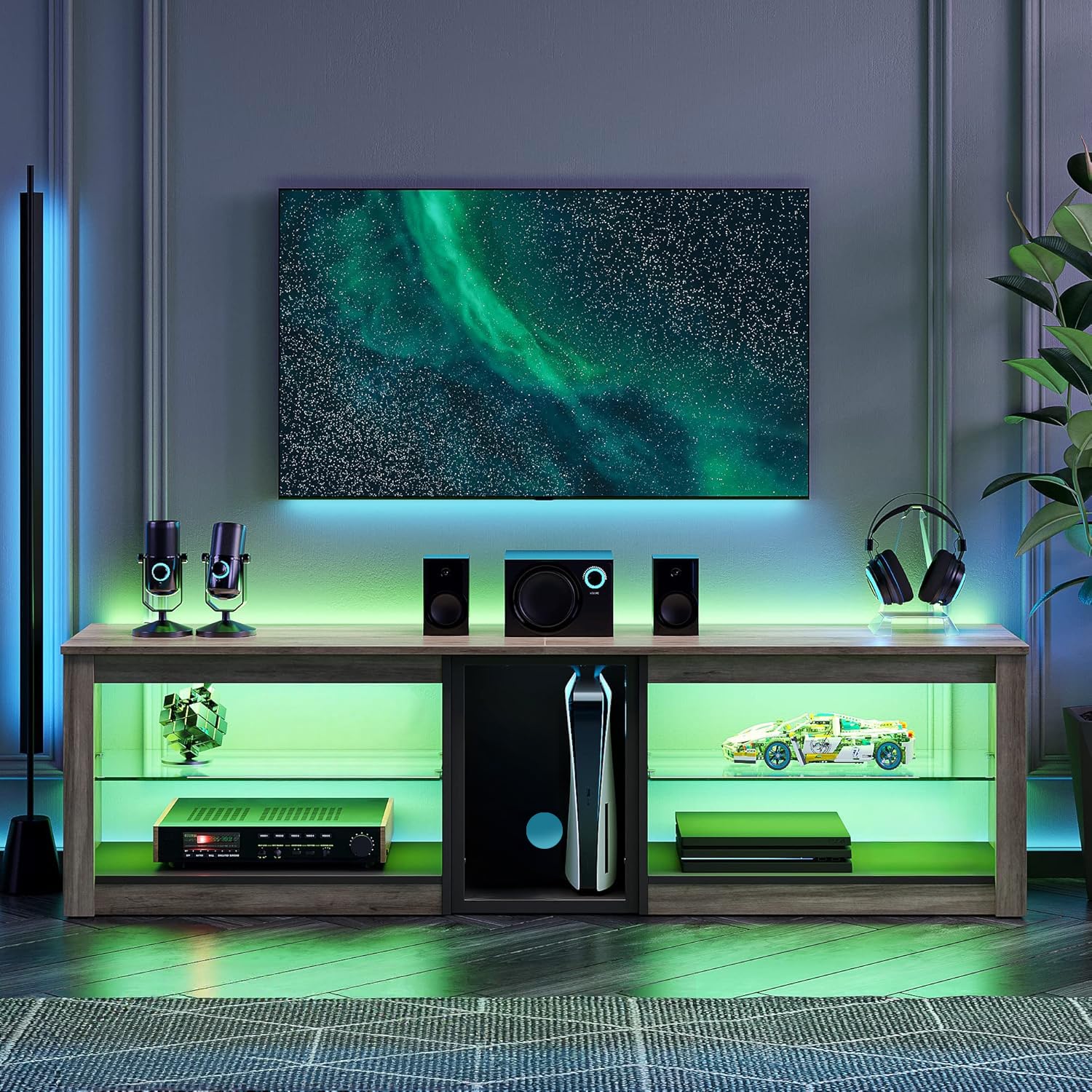Bestier Mobile TV basso per TV da 65 pollici e TV più piccole, 160 x 35 x 52 cm, mobile TV con luci LED RGB, tavolo TV con gestione dei cavi integrata, vassoio in vetro regolabile