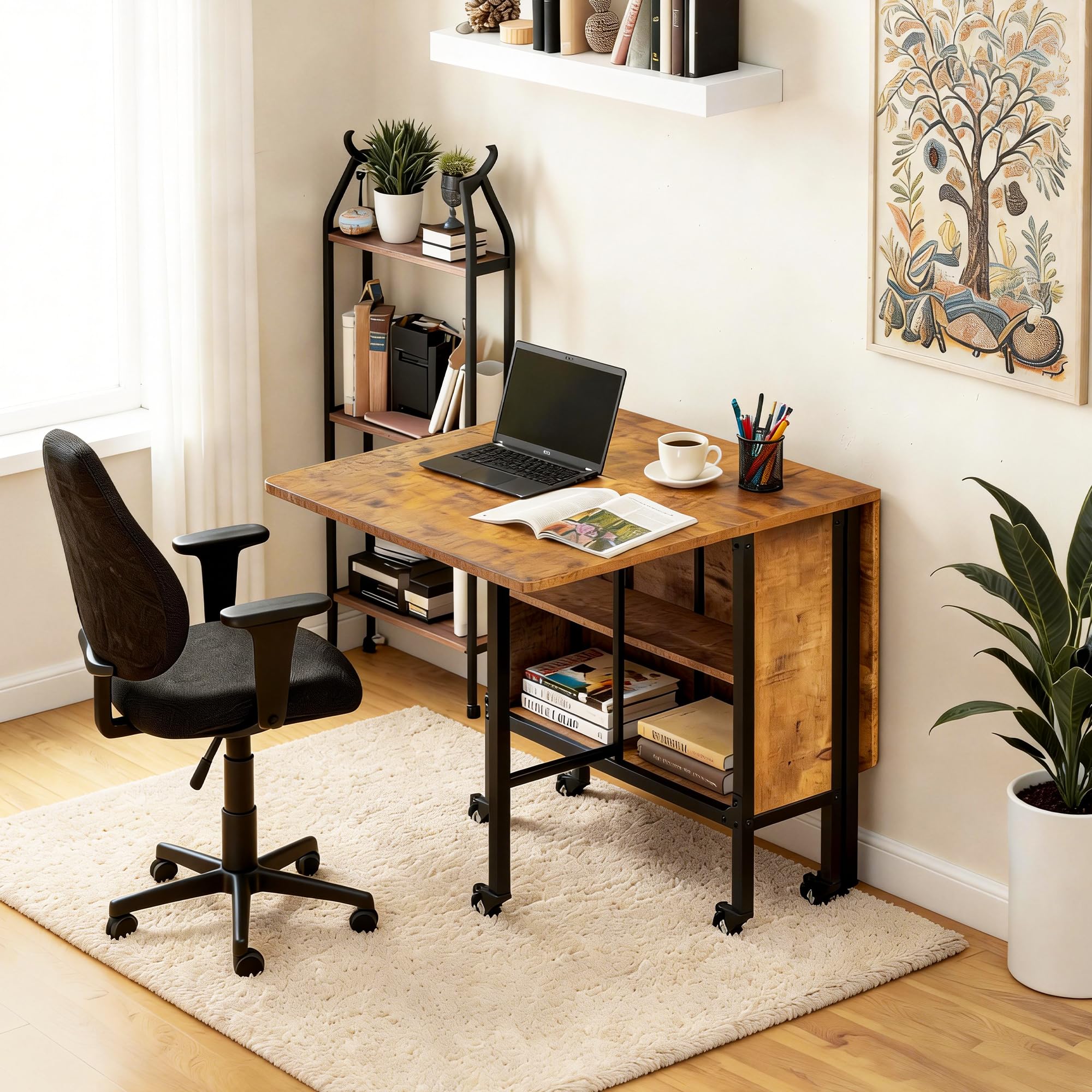 Mesa de Comedor Plegable, Mesa de Cocina Plegable con 6 Ruedas y 2 Estantes Abiertos para Espacios Pequeños, Cocina, Comedor para 4-6 Personas, 130 x 80 x 74 cm (Retro)