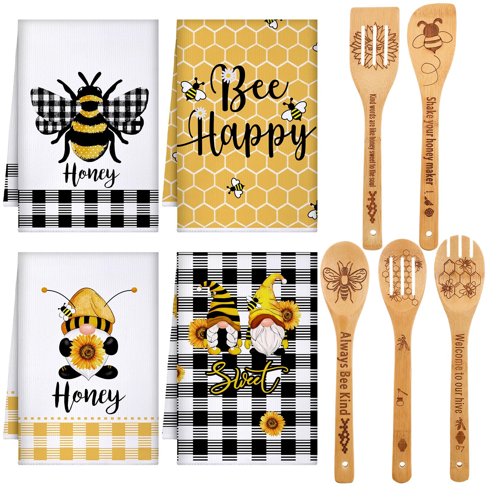 Bencailor 9 Pcs Honey Bee Kitchen Hand Towels Honeycomb Bath Tea Towels Polyester Dish Cloths Absorbent with Cute Wooden Spoons for Kitchen Bathroom Home Decor, 16 x 24 Inch(Cute)