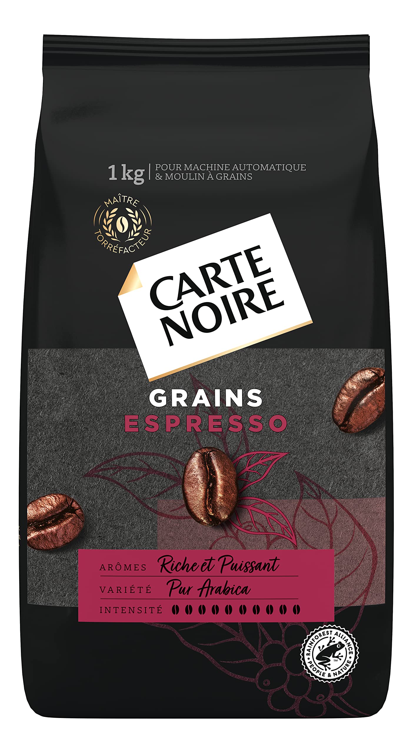 CARTE NOIRE - Café en Grain Espresso 100% Arabica et Bio - Origine Amérique Latine - 2 Paquets de 1 kg - Fabriqué en France