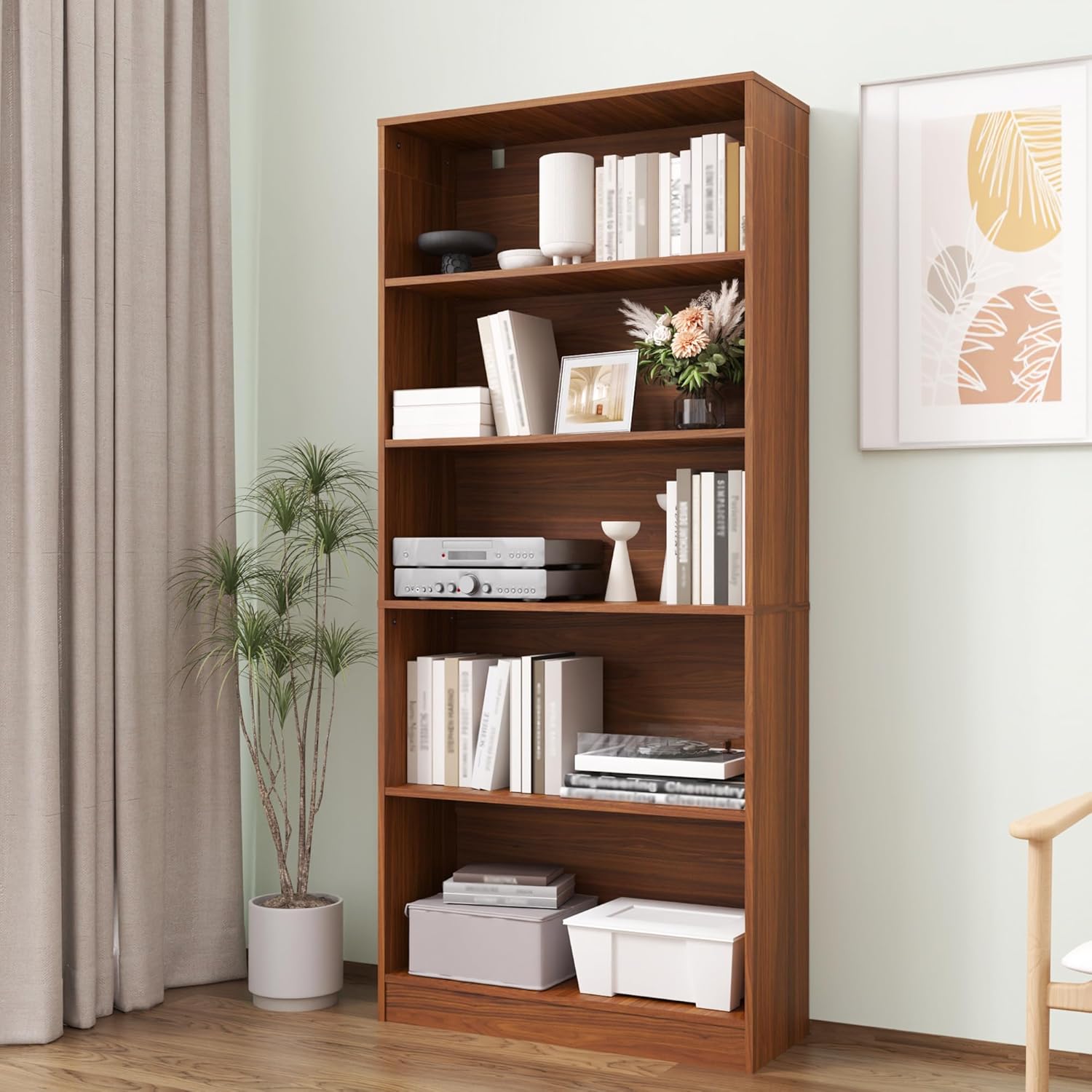(Incomplete)71\" Tall Book Shelf, 5 Tier Large Bookshelf, Standing Wood Display Book Shelf for Living Room, Office, Library with Doors, 31.5\" W x 70.87\" H x 11.81\" D, Brown Brown 11.81\"D