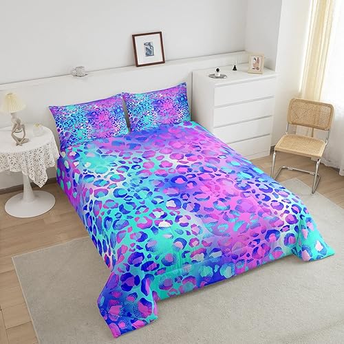 Miniatura 3 de Feelyou Juego de edredón colorido de leopardo azul, morado, rosa, leopardo, juego de ropa de cama para niños pequeños, elegante juego de edredón