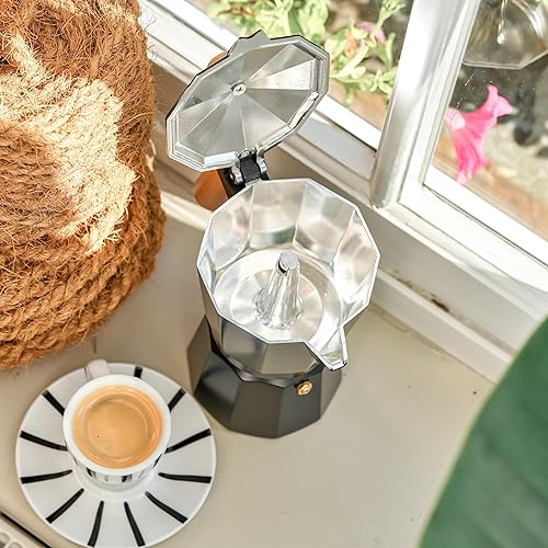 Miniatura 7 de Cafetera italiana  Olla de café expreso para el gusto clásico Greca entusiasta del café  Estufa de calidad  Olla de moca negra con mango de madera