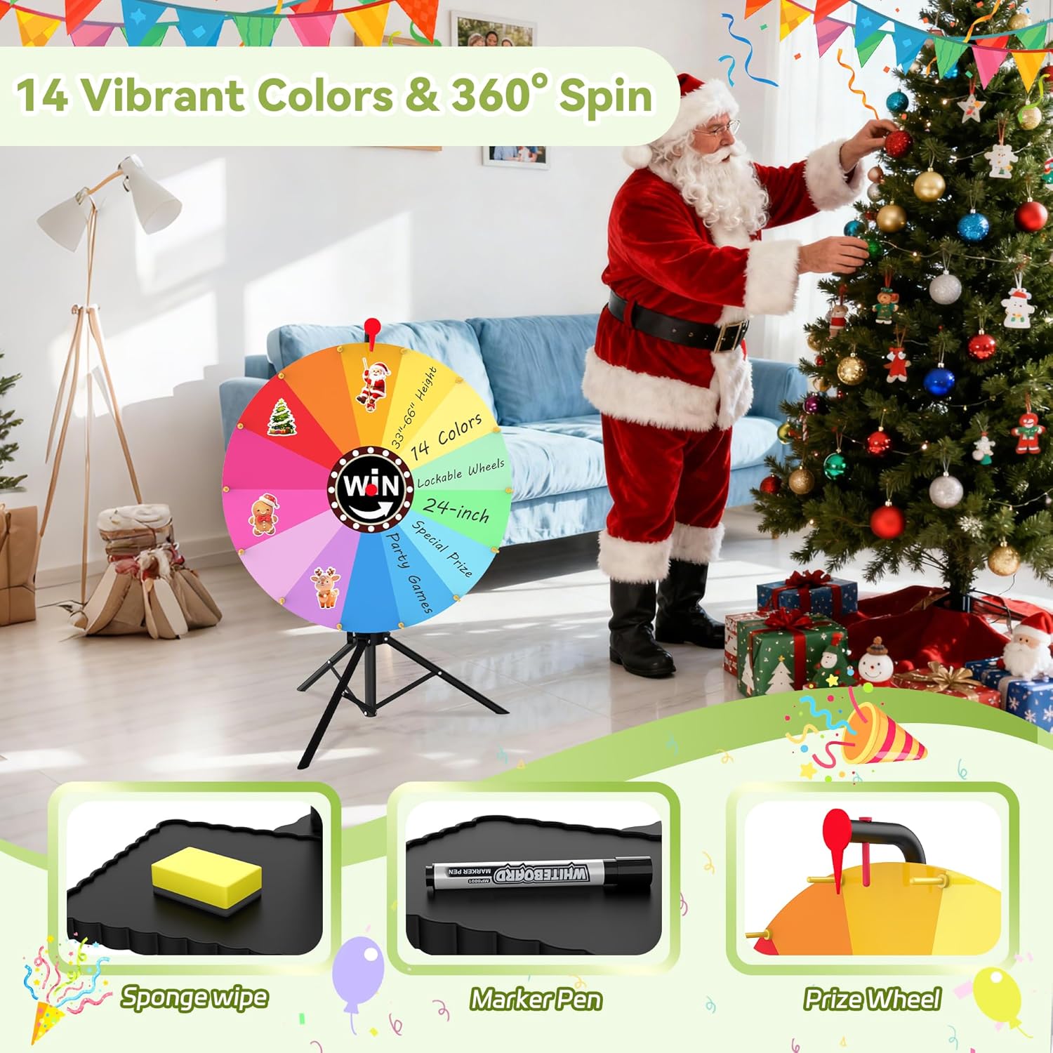 24-Inch Prize Wheel with Lockable Wheels, Portable 14-Color Spinning Prize Wheel, Adjustable 33"-66" Height Spin Doodle Game Spinner with Folding Tripod Stand, Storable Spinning Wheel for Prizes