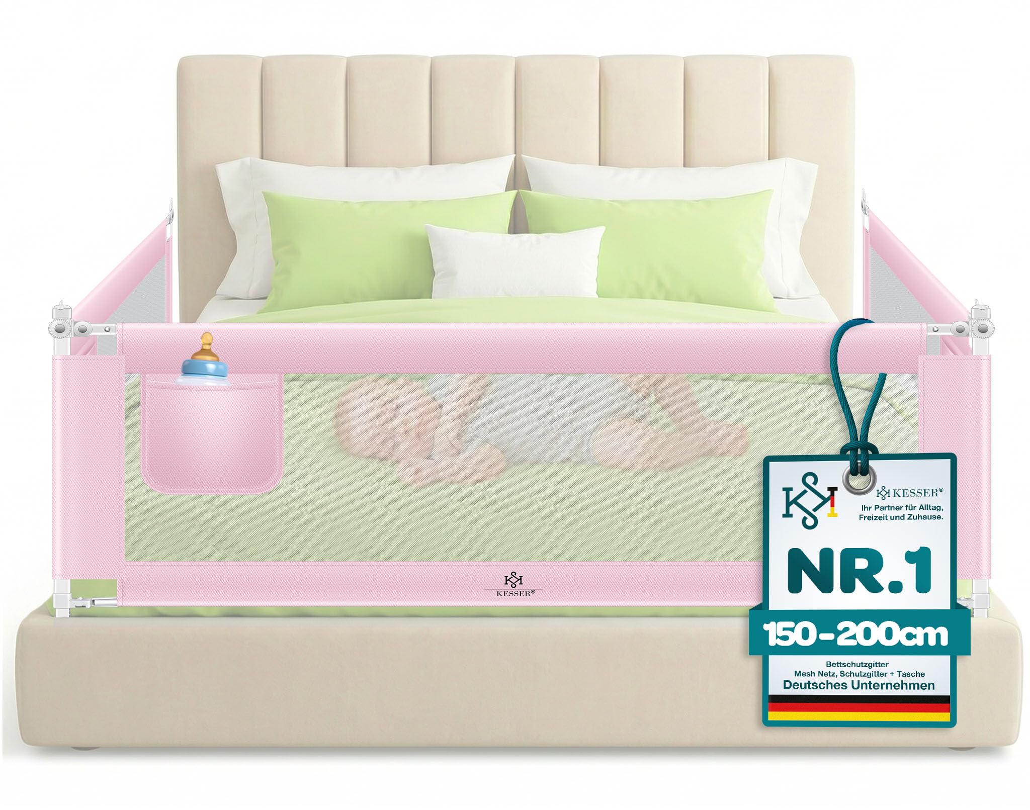 KESSER® Bettschutzgitter 150 cm, Rausfallschutz Bett & Bettgitter Kinderbett, klapp- & höhenverstellbar, Kindersicherung Baby Fallschutz, Mesh Netz, Kinderbett Schutzgitter + Tasche, Rosa