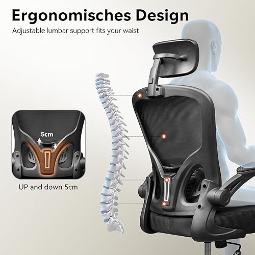 Miniatura 3 de DEVAISE Silla de oficina ergonómica de malla con respaldo alto y reposabrazos abatibles, reposacabezas ajustable y soporte lumbar, color negro