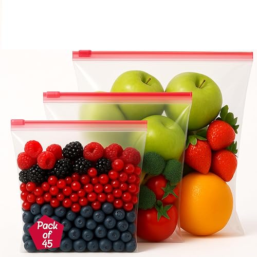 Zipify Zip Lock Bag, Slider Bag - Medium 45 Bags | Slider Ziplock Pouch | Food Grade Plastic Ziplock Bags for Fridge | Multipurpose Travel Packing and Kitchen Storage