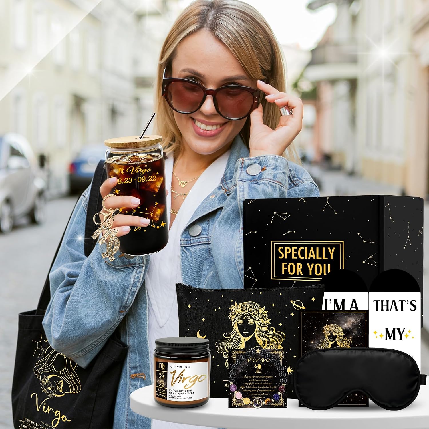 13 Pcs Virgo Gifts for Women, Astrology Gift Set with 16 Oz Glass Cup, Tote Bag, Makeup Bag, Socks, Candle, 3 Necklaces, Bracelet, Keychain, Birthday Gifts for Female Friends, Bestie, Sister