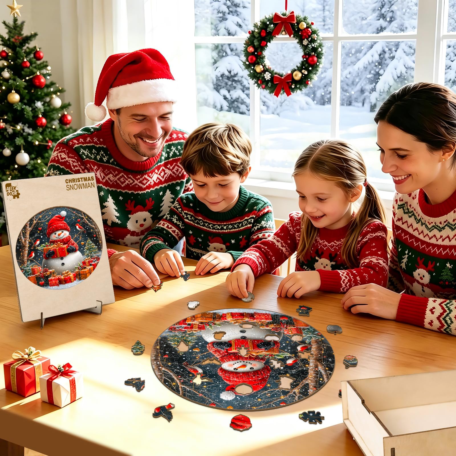 Puzzles de Noël en bois pour adultes – Bonhomme de neige | Pièces de puzzle en bois de forme unique, cadeaux ronds en bois pour les amateurs de puzzle, la famille (34 x 34 cm