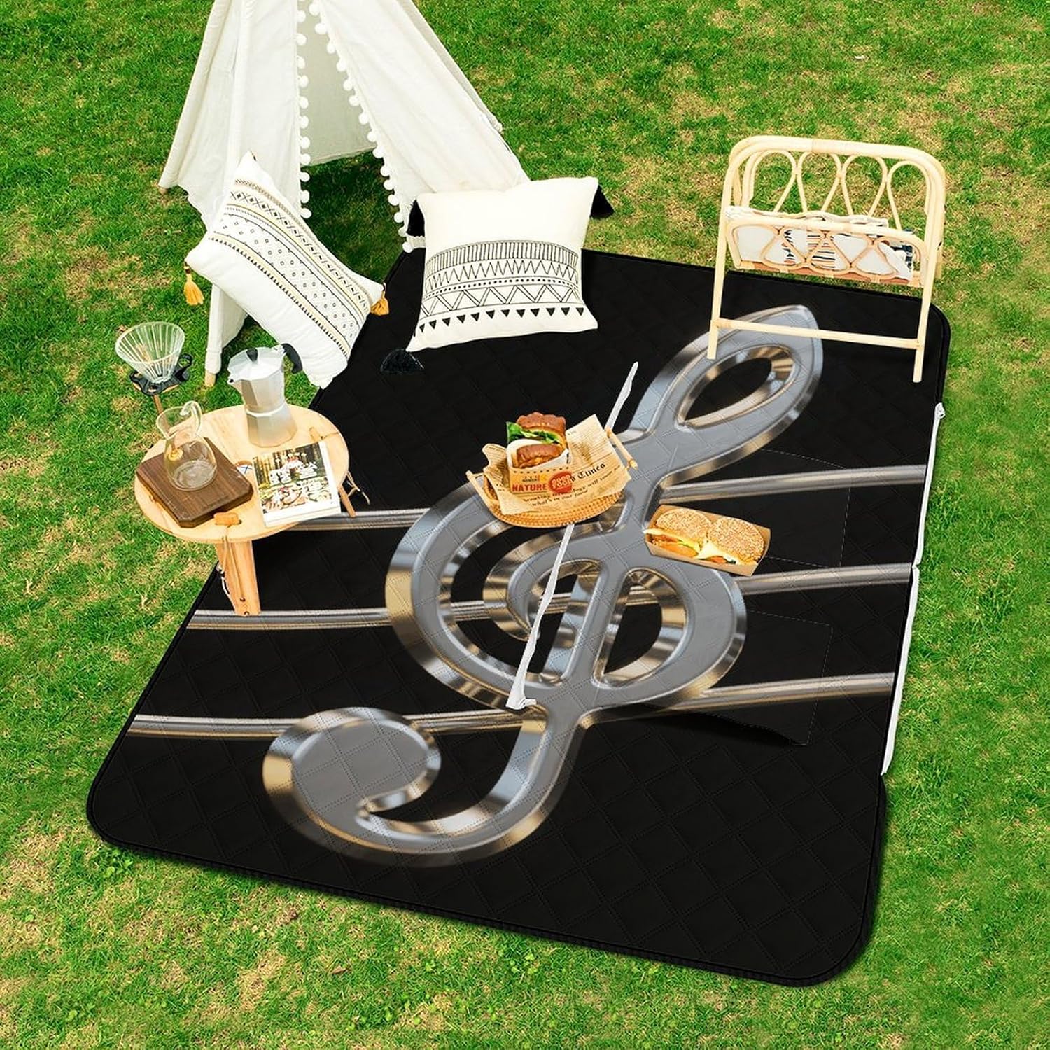 Black and White Musical Notes Picnic Blanket 150x100cm, Foldable 2-in-1 Picnic Mat and Tote Bag Portable Waterproof Beach Mat Sandproof Outdoor Blanket for Park, Hiking, Beach, Camping, Travel