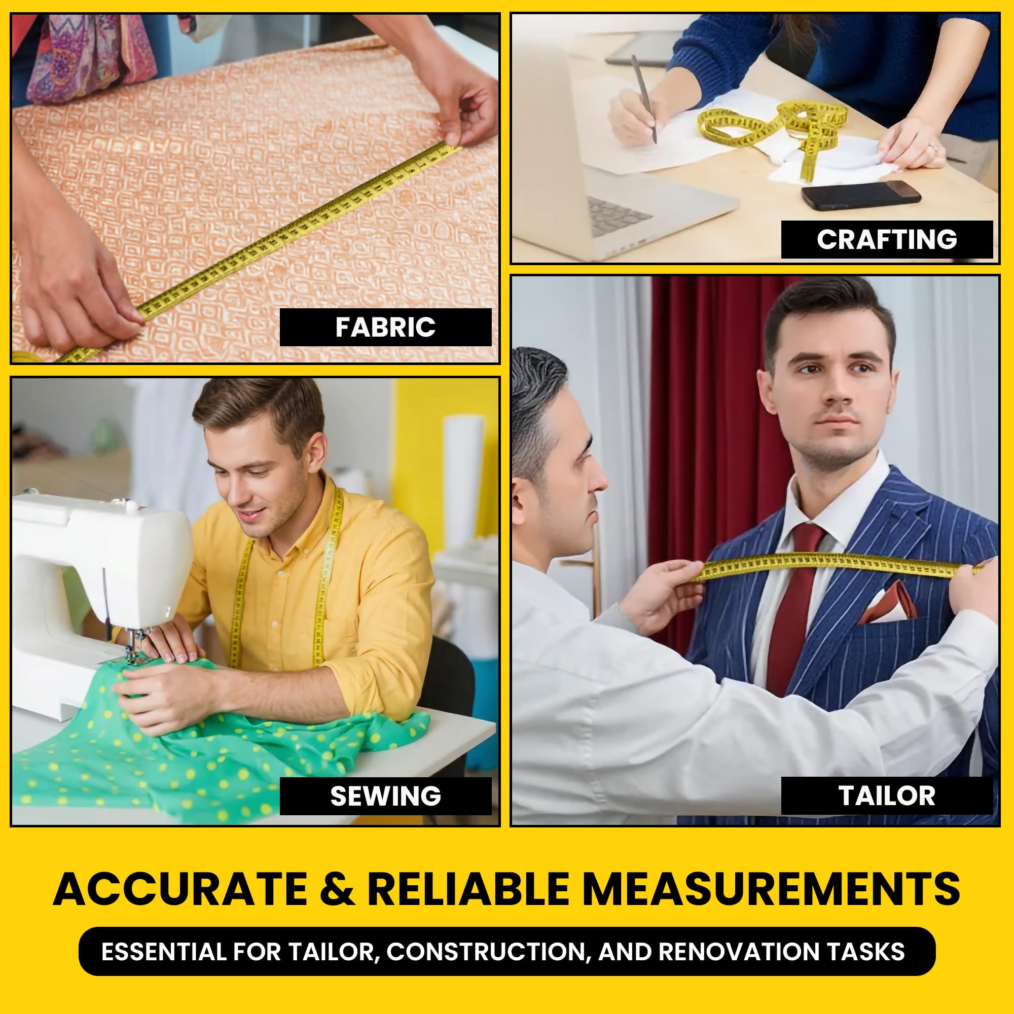 ORIENTO Mètre Ruban pour Corps et Couture 150 cm/60 Pouces, Ruban de Mesure Souple Double Face pour Mesures du Corps, Couture, Centimètres et Pouces Jaune [150 cm /60 nch]
