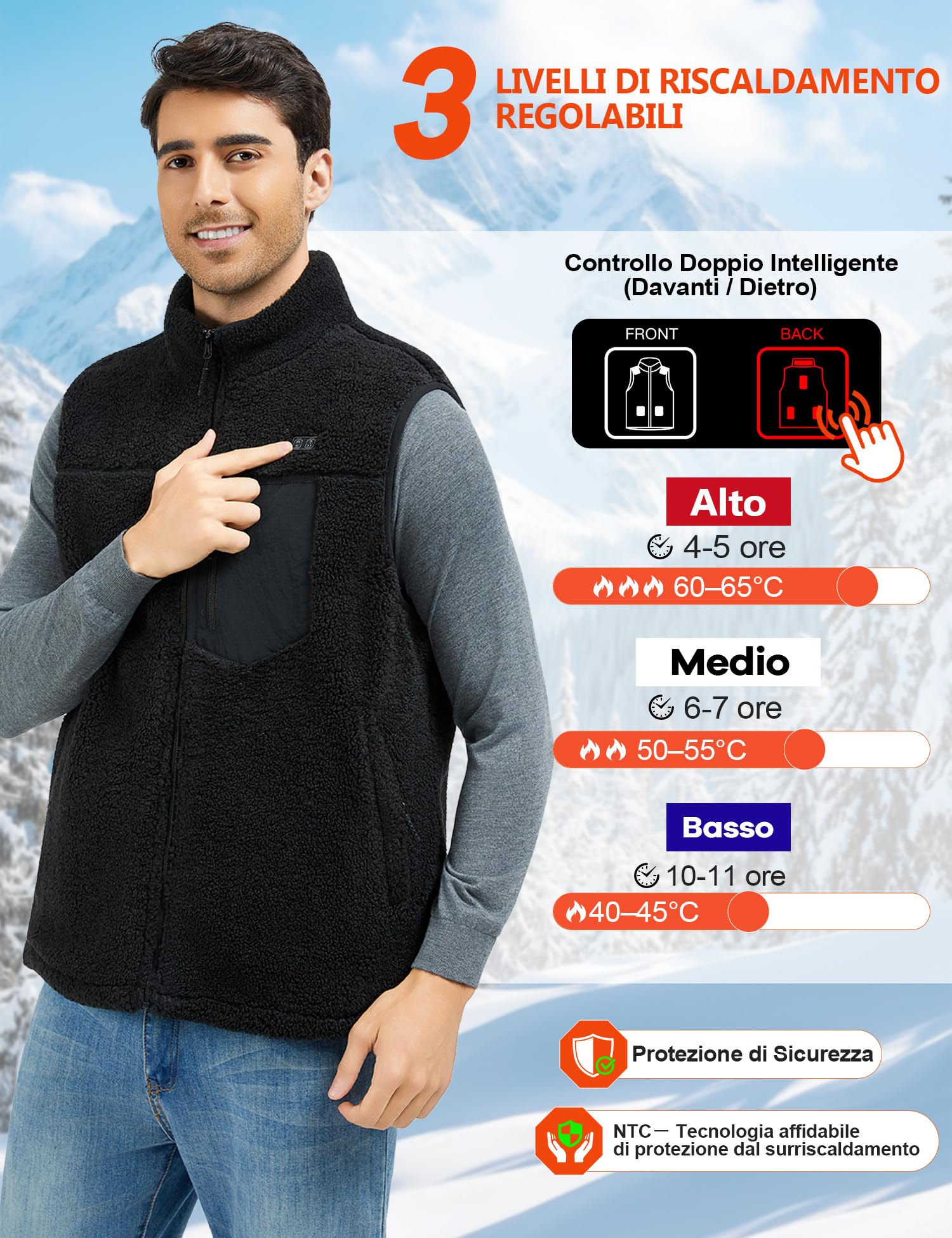 Gilet Riscaldato Uomo con Batteria 18400mAh 7.4V - Pile Sherpa, Riscaldamento Sicuro e Lungo, Lavabile in Lavatrice, Gilet Riscaldato Perfetto per Attività Outdoor