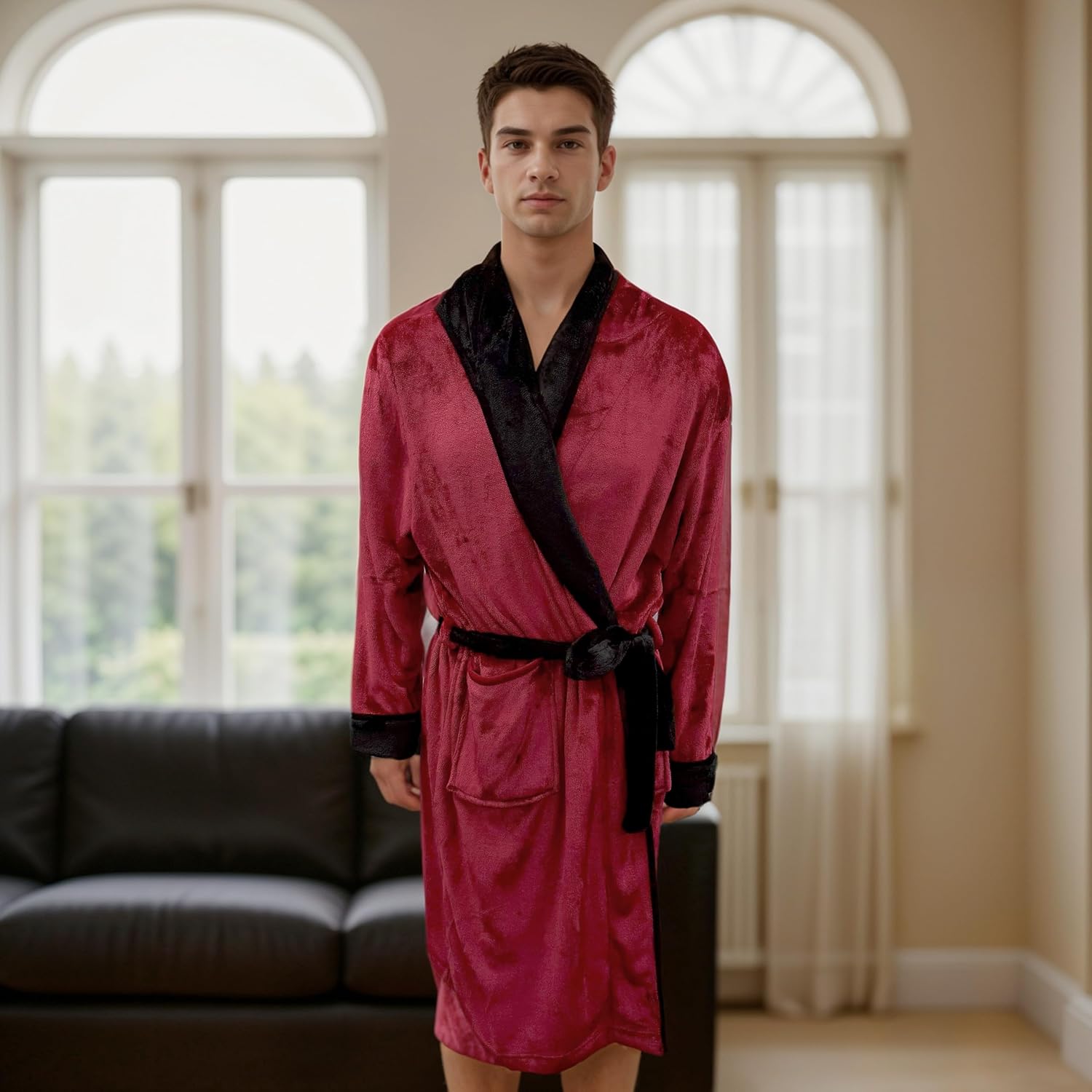 Elegant Comfort Luxury Men’s Plush Fleece Spa Bathrobe with Shawl Collar and Pockets - Cozy Velvet Soft, Mens Spa Long Robe