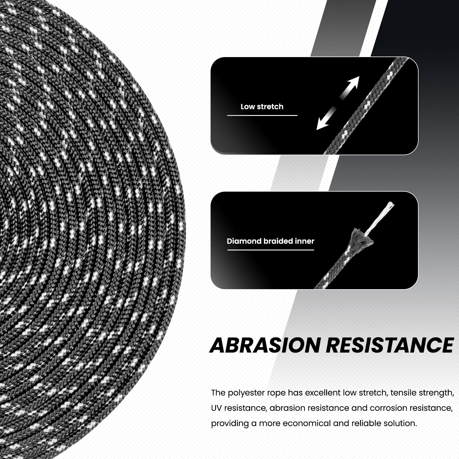 Abma Cord Polyesterseil 3mm x 20m Seil Geflochtene Schnur Reißfest für Outdoor, Boot, Festmacher, Zelt, Garten - Schwarz/Weiß