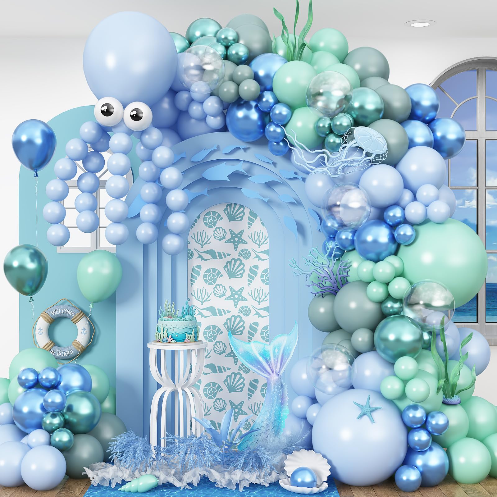 Zestaw łuków balonów z ośmiornicą, 177 szt. podmorskich dekoracji imprezowych, balonów, łuk do zwierząt morskich, oceanu, na urodziny, baby shower, plażę, basen, artykuły imprezowe, z ośmiornicą