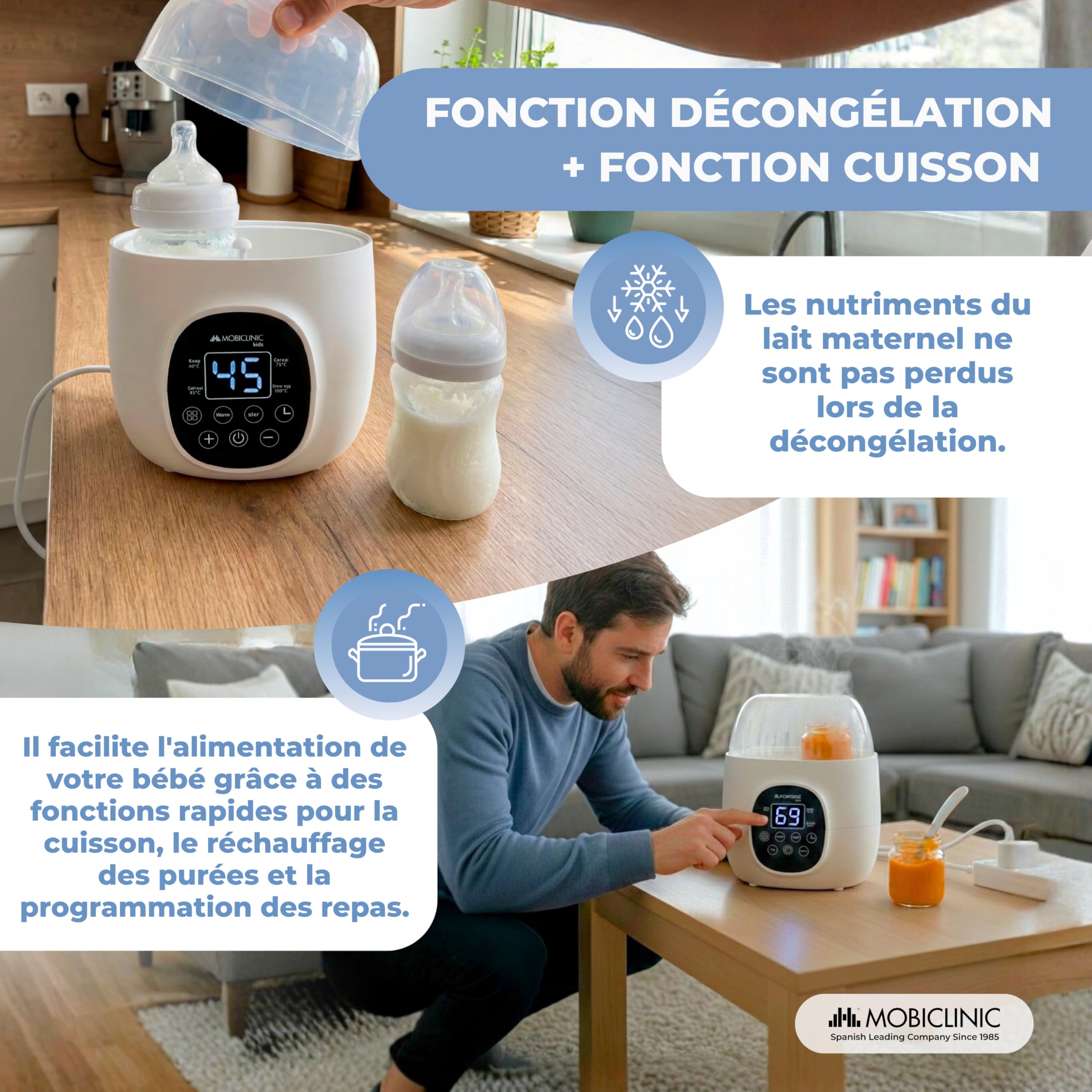 Mobiclinic®, Chauffe-biberon et Stérilisateur, 6 en 1, Double Capacité, Décongèle, Programmable, Maintient la Température, Chauffage Rapide, Lait Maternel, Sans BPA, Écran LCD, Compact, Bibidu