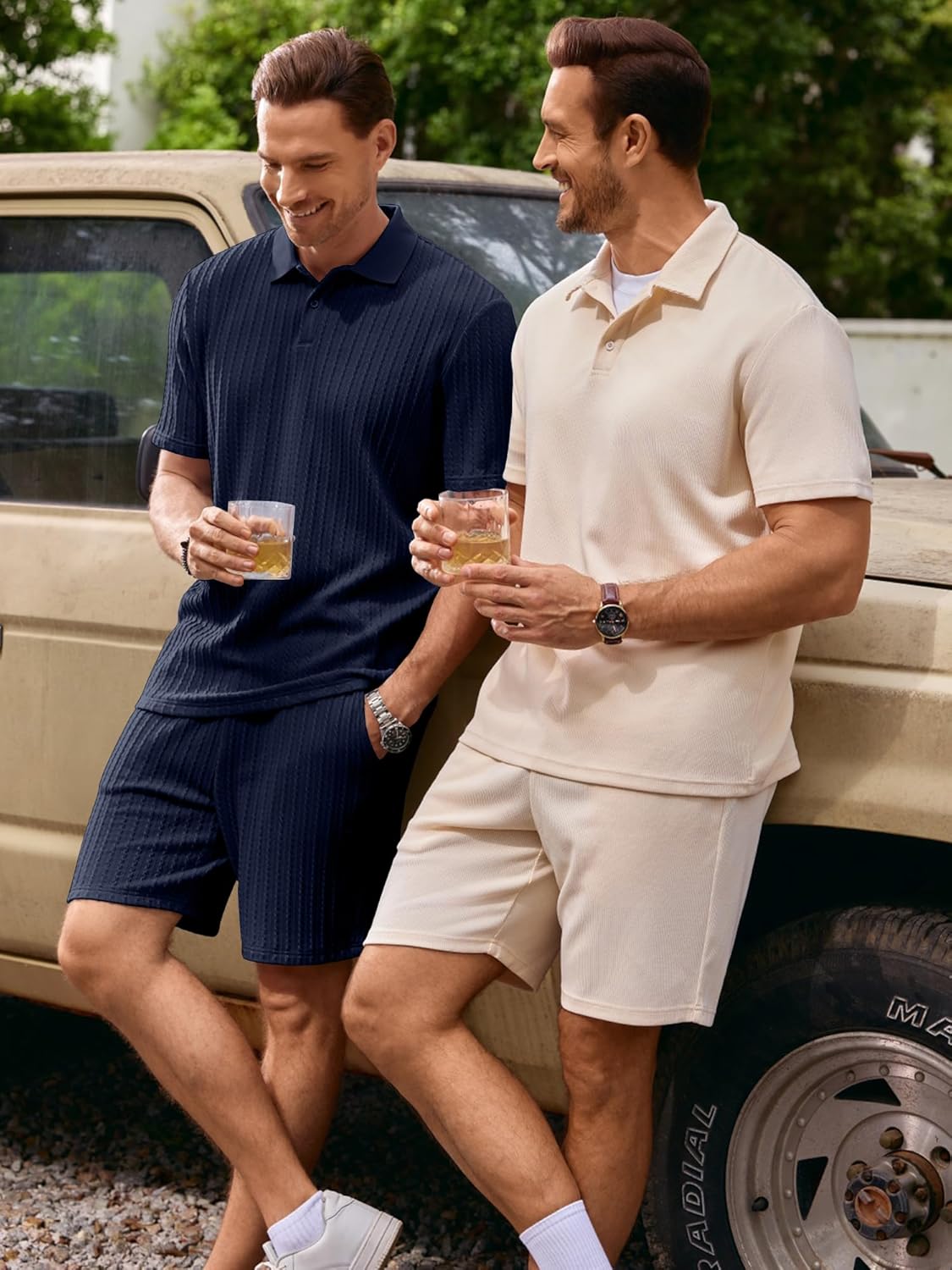 JMIERR Men's Summer Beach Outfits 2 Piece Jacquard Knit Lounge Short Sleeve Shirts & Shorts Vacation Texture Sets - Image 5